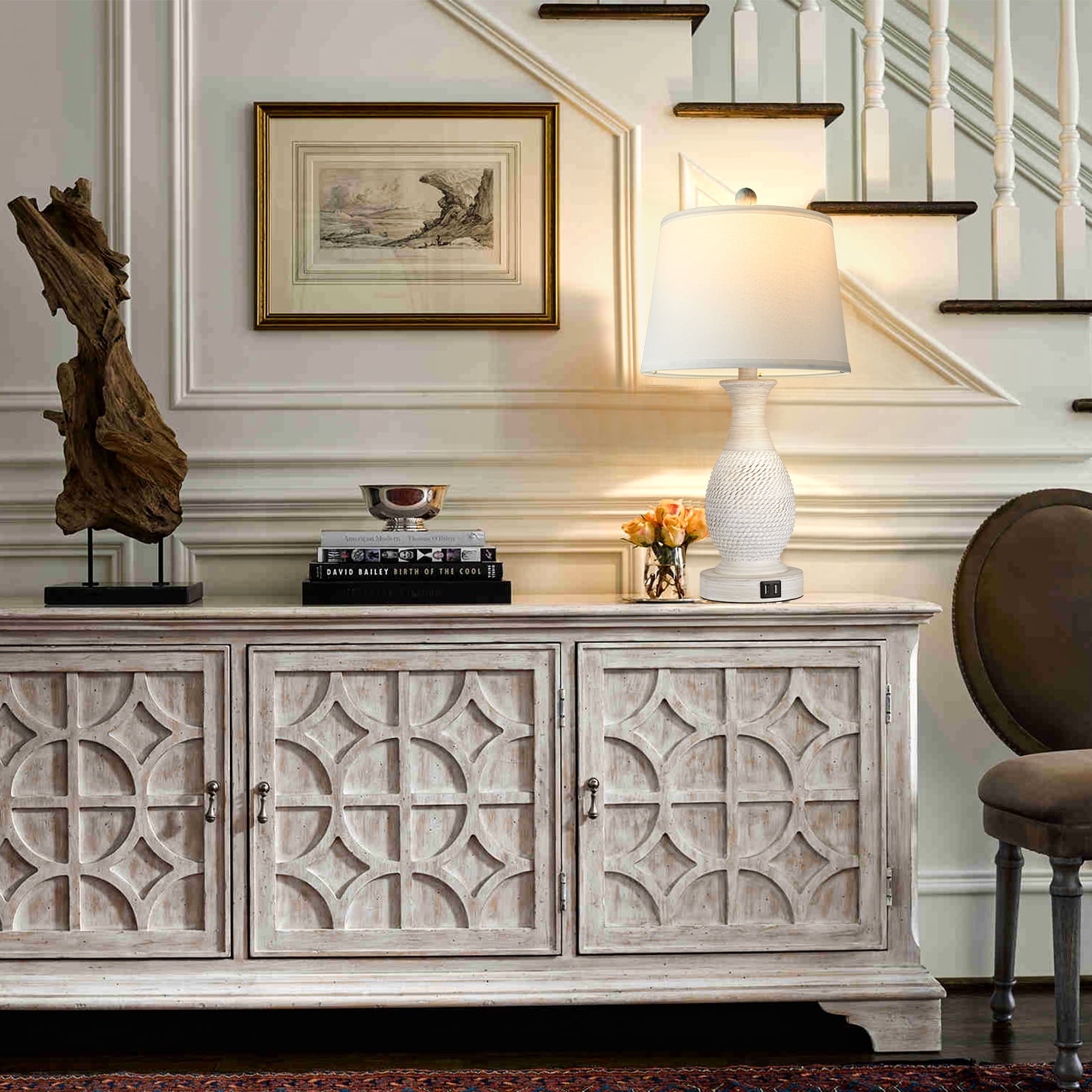 Partphoner Washed White Touch Control Table Lamp Set of 2, Resin Rustic Farmhouse Bedside Lamps - Image 3