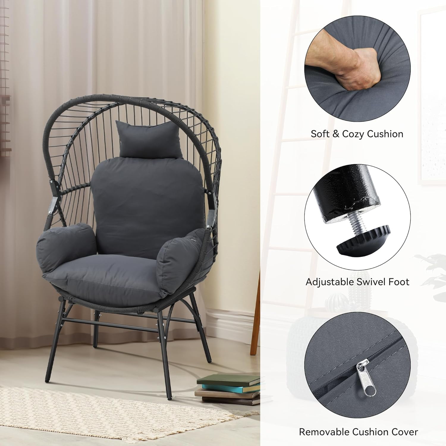 Dextrus Gray Wicker Egg Lounge Chair - Stylish Egg Basket Chair with PE Rattan - Legged Chair with Cushion for Outdoor Spaces - Perfect for Patio, Garden, Backyard, Porch - Image 4