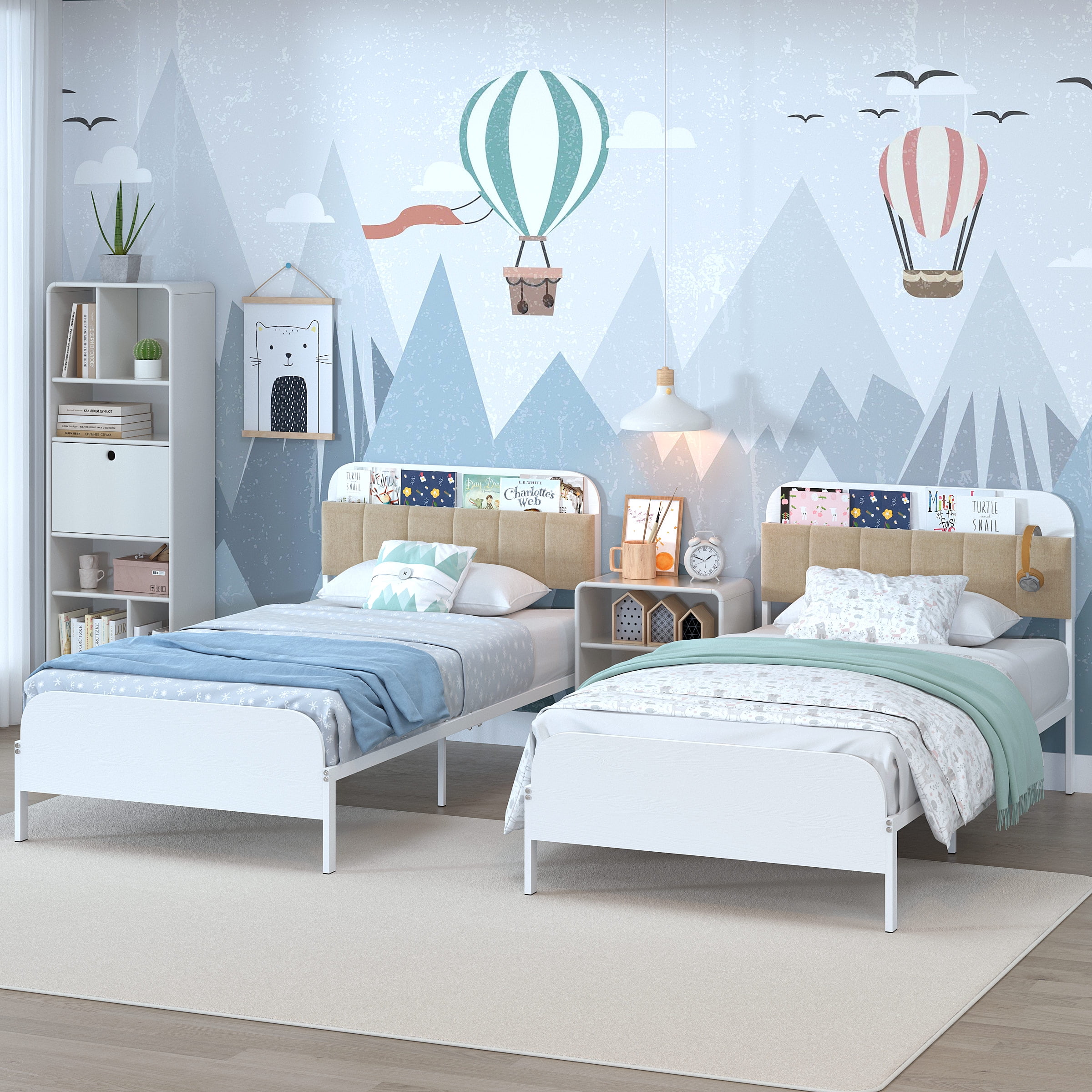 Yoneston Kids Twin Platform Bed with Upholstered Bookcase Headboard Storage Shelves, Metal Bed Frame Easy Assembly for Boys Girls Teens, White - Image 6