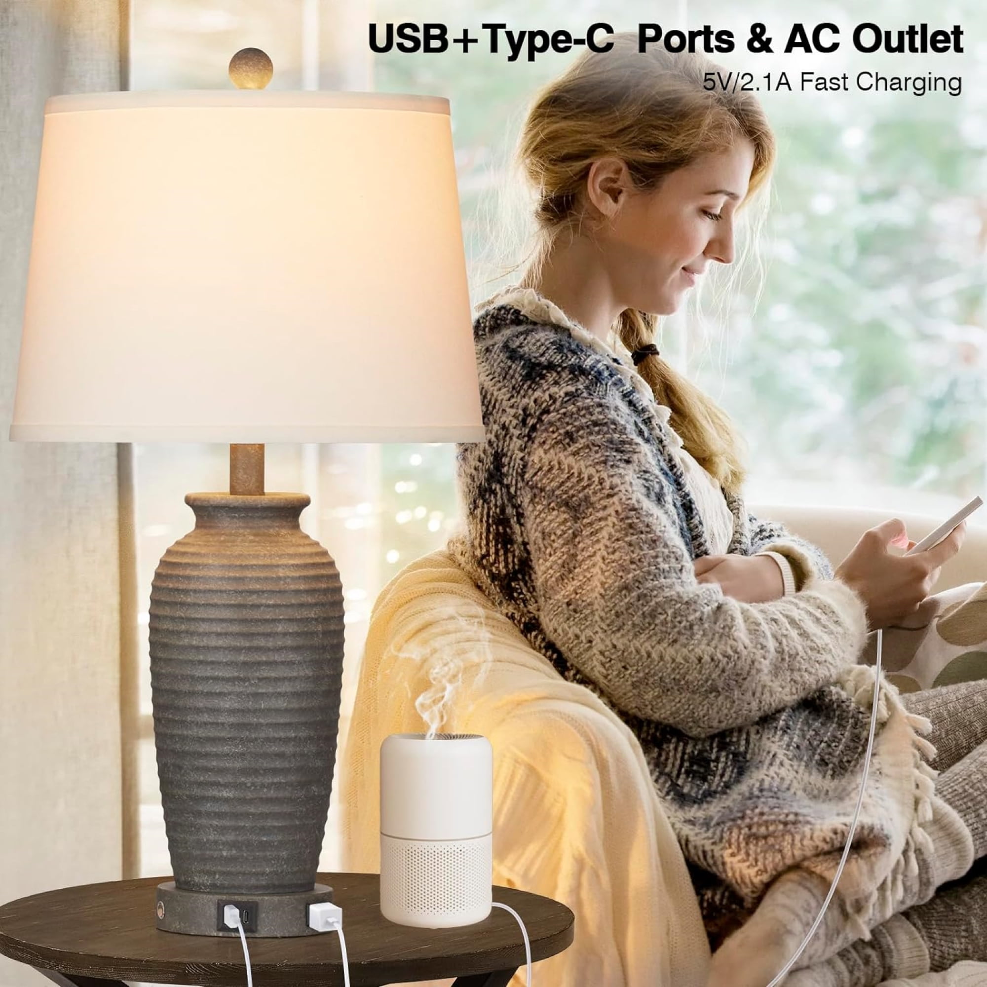 Cinkeda 24" Retro Resin Table Lamp Set of 2 with USB Type-C Ports AC Outlet 3 Way Dimmable Touch Control Grey Jar Bedside Nightstand Lamps for Living Room Bedroom - Image 3