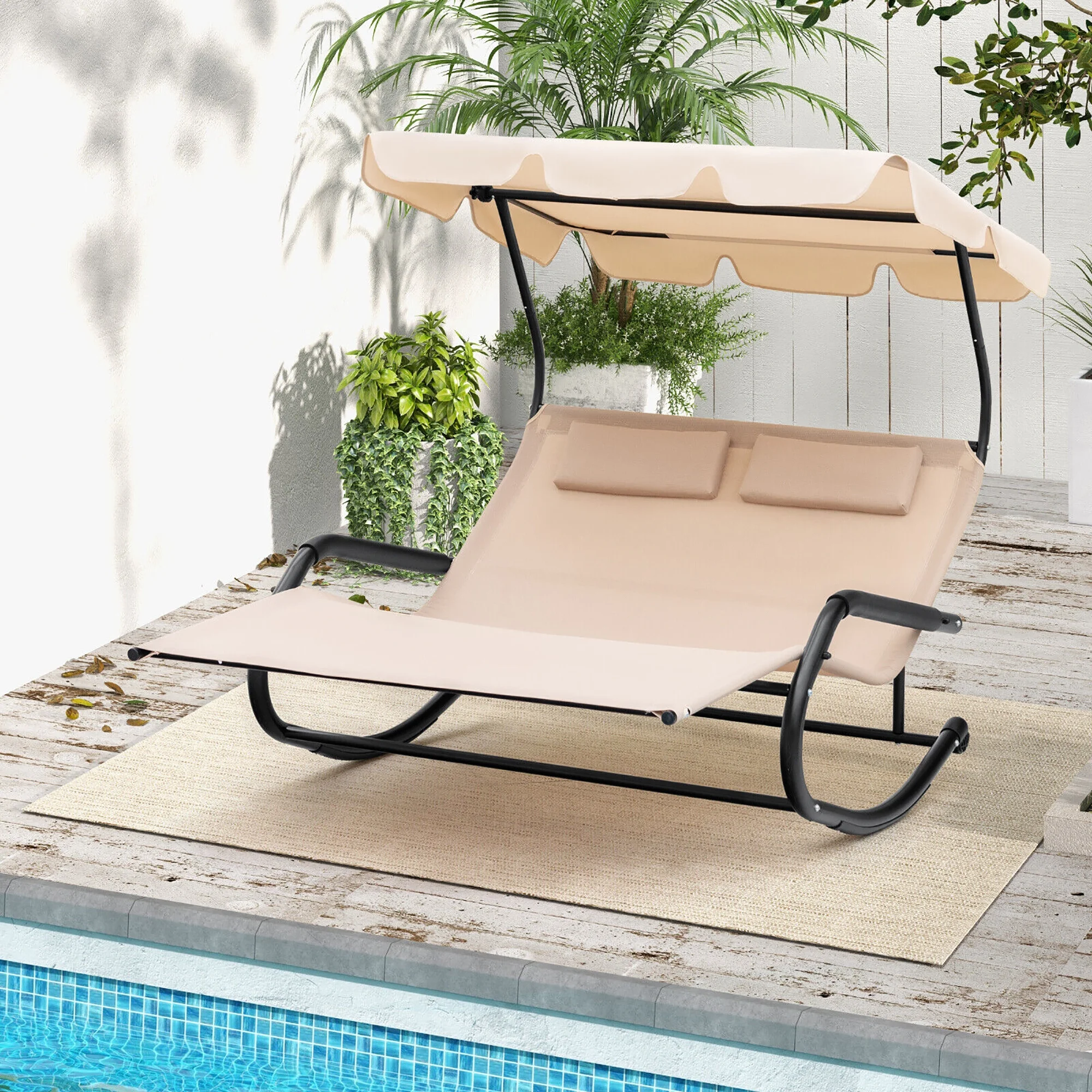 Gymax Outdoor 2-Person Double Rocking Chaise Lounge w/ Canopy & Wheels Metal Frame - Image 3