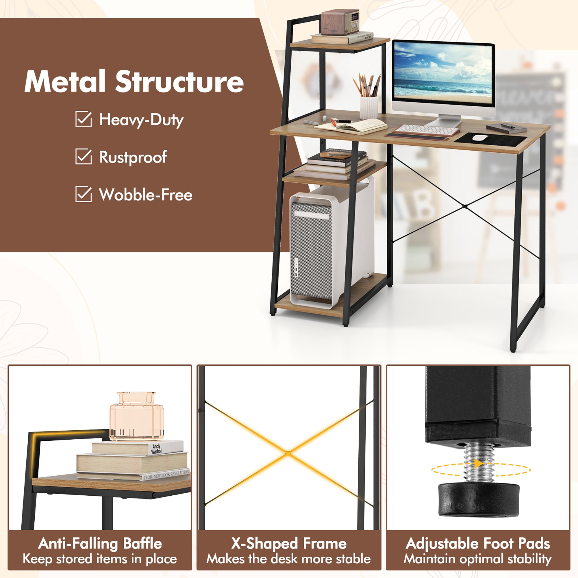 Gymax Home Office Desk Computer Desk w/ Bookshelf Host Stand Metal Frame Study Writing Desk - Image 5