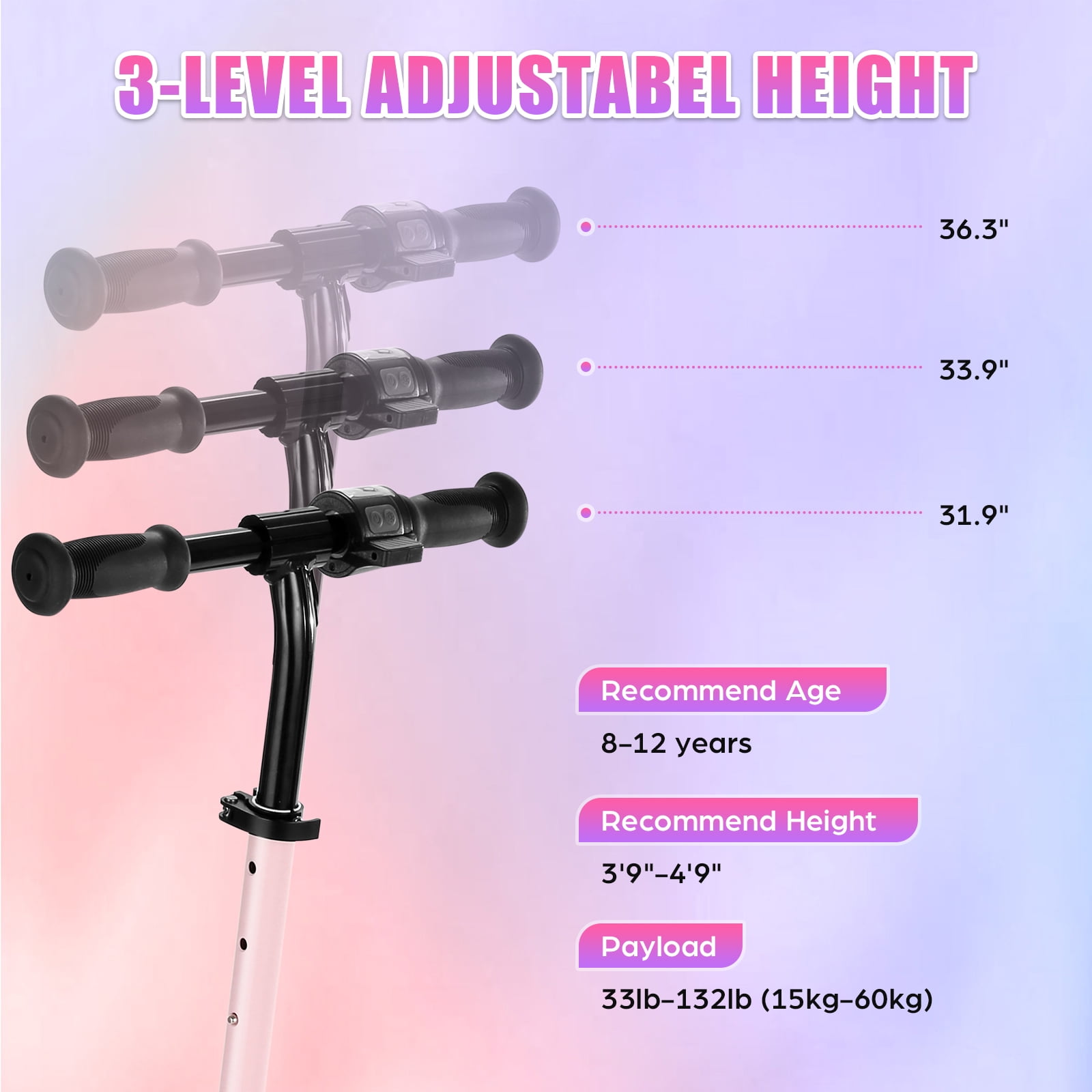 SANOPY Electric Scooter for Kids Ages 6-14, Adjustable Speed & Height, Colorful Lights, LED Display, 150W Motor, up to 10 mph, 80 Mins Ride Time, Pink - Image 9