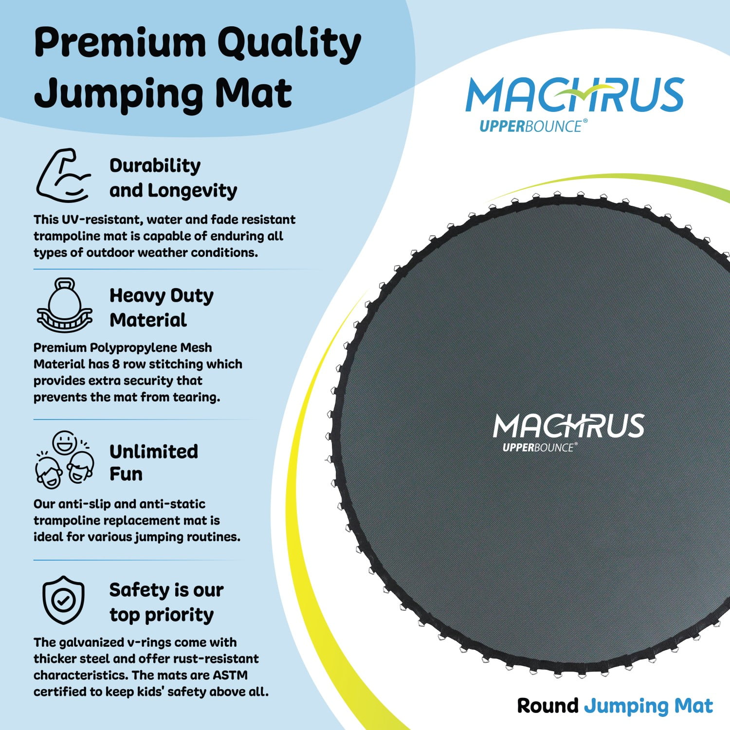 Machrus Upper Bounce Replacement Jumping Mat, Fits 12 ft Round Trampoline Frame with 84 V-Hooks, using 5.5" springs- Mat Only - Image 2