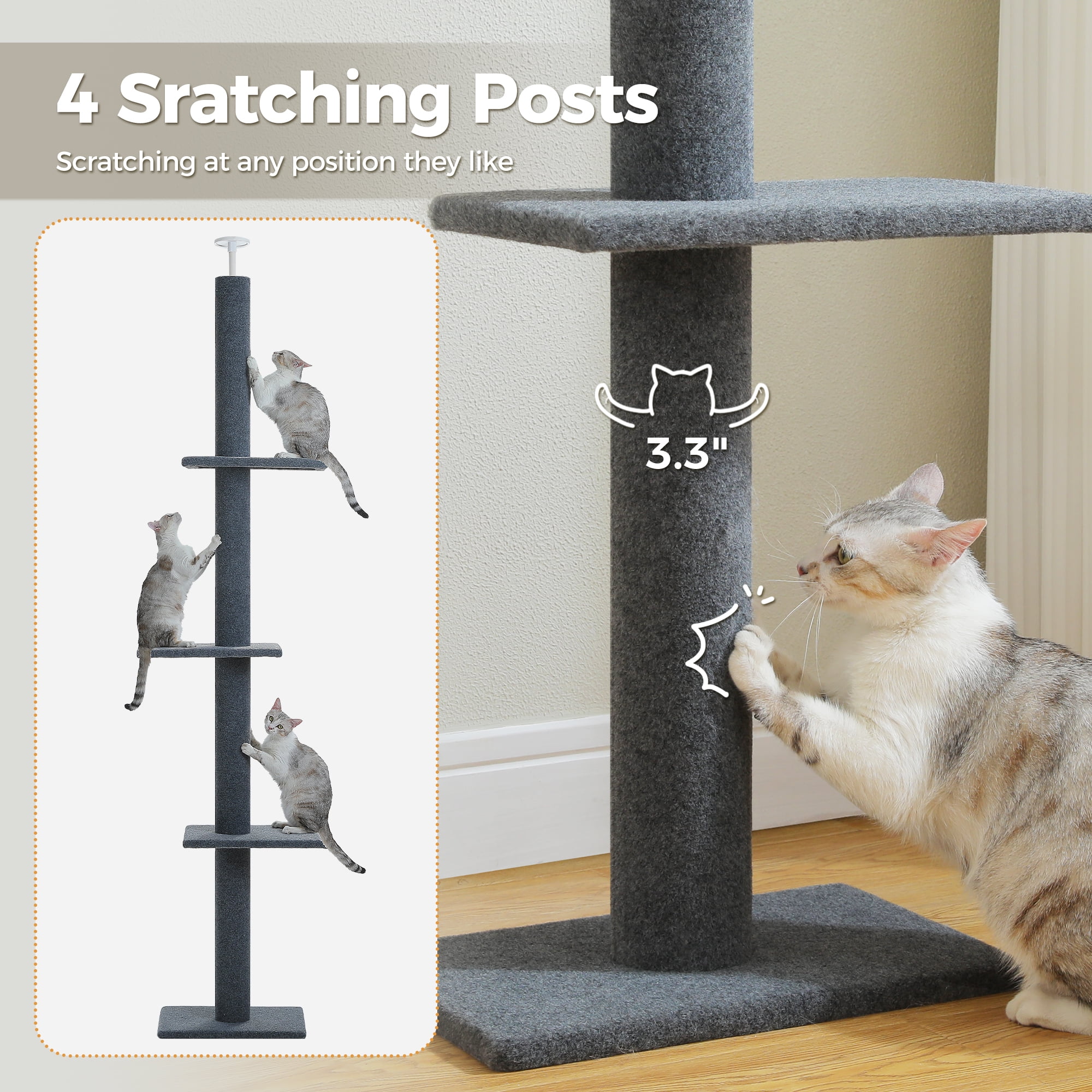 PAWZ Road 90-107" Floor to Ceiling Cat Tree Tower 4 Tier Tall Cat Climbing Posts Adjustable, Gray - Image 10