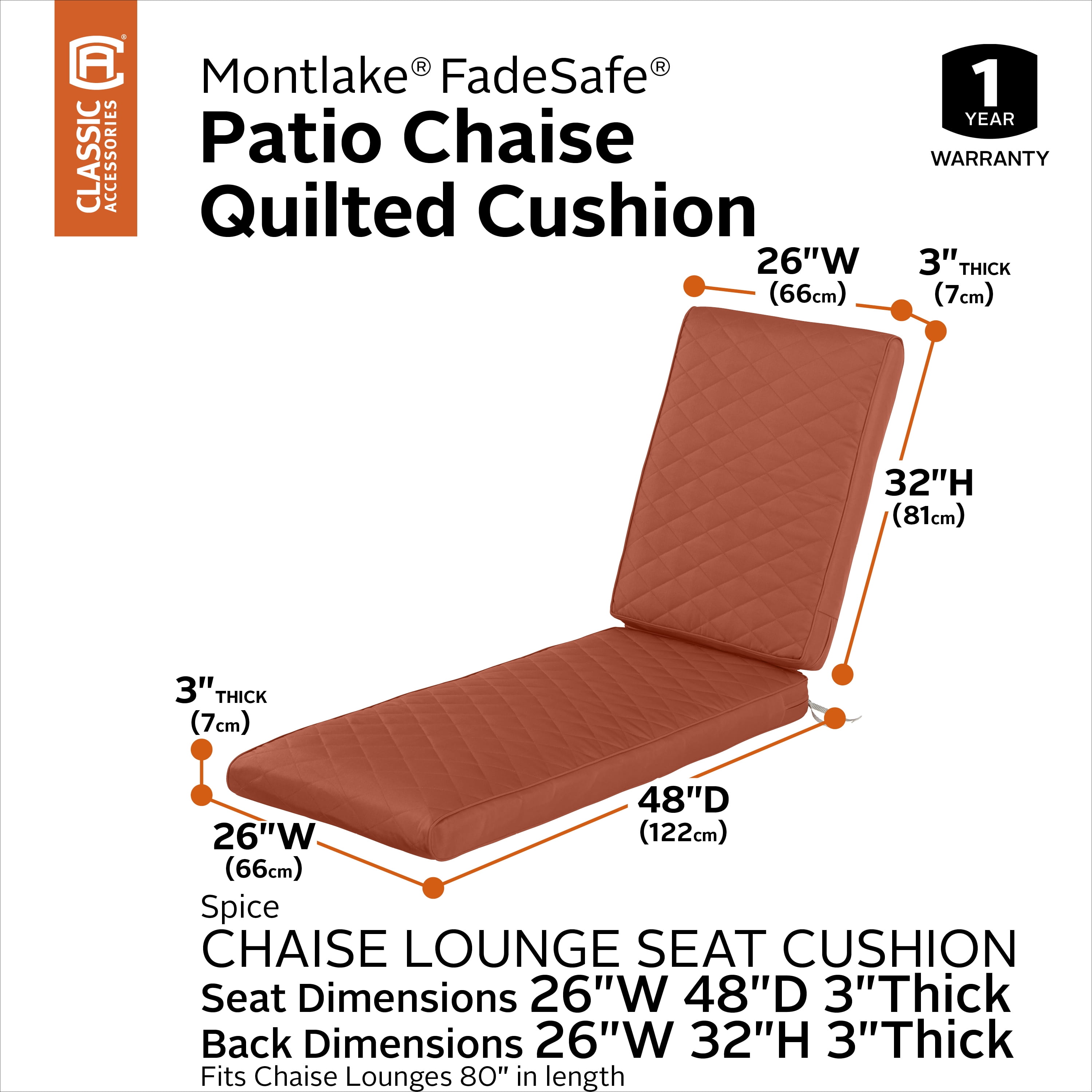 Classic Accessories Montlake FadeSafe Water-Resistant Patio Chaise Quilted Cushion, 80 x 26 x 3 inch, Spice - Image 9