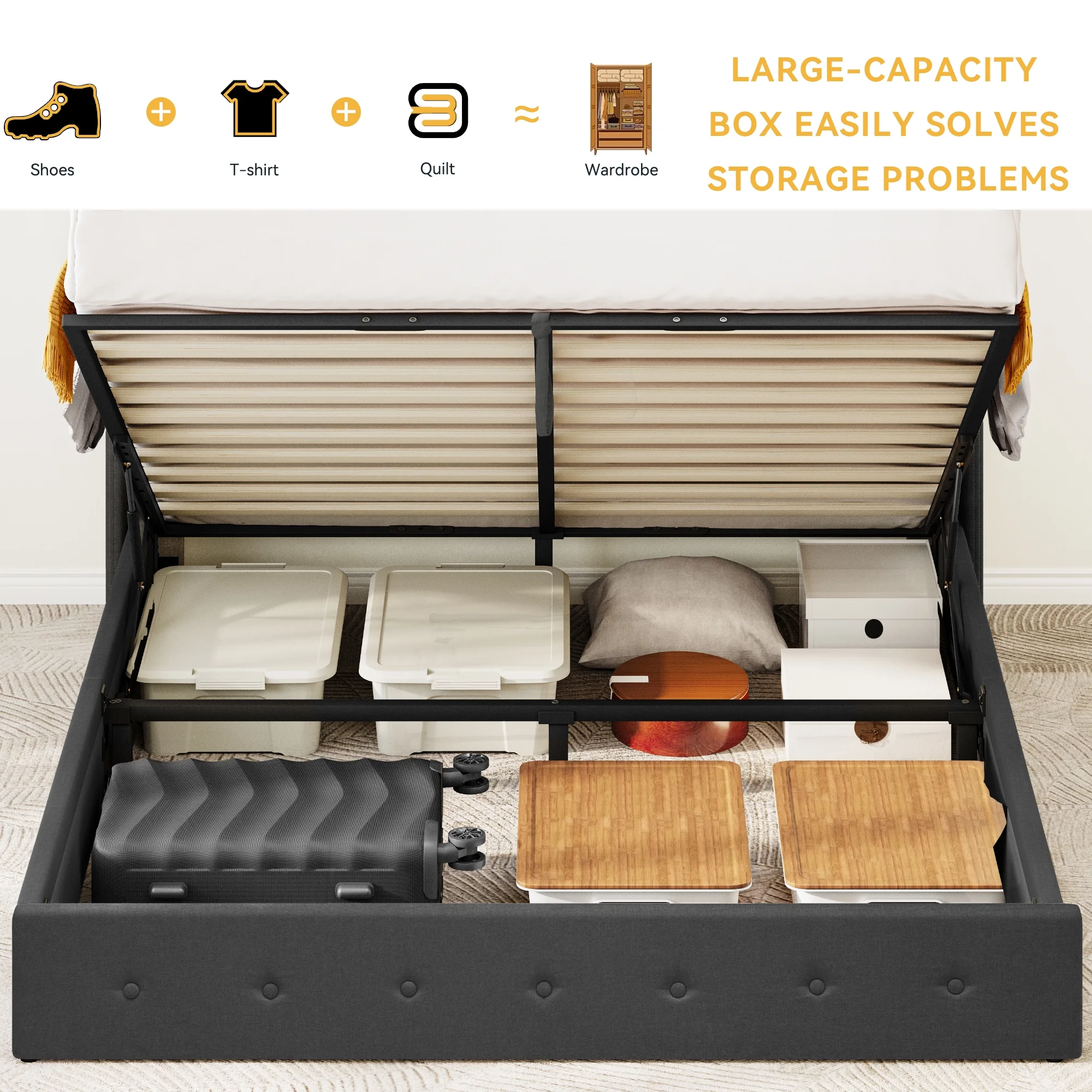 Dextrus Lift Up Storage Bed, Gray Upholstered Queen Bed Frame with Wingback Headboard, USB and Type-C Ports, No Box Spring Needed - Image 4