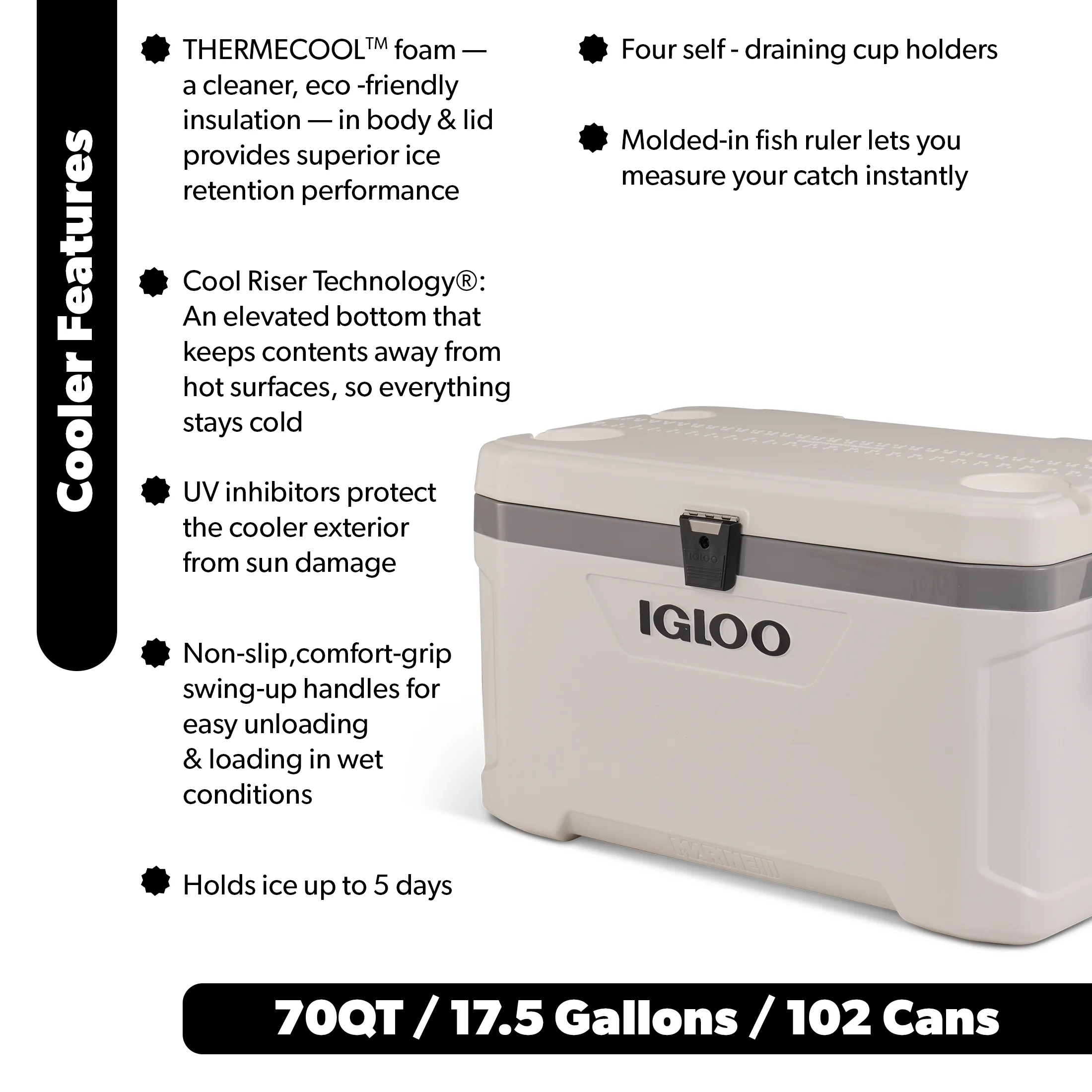 Igloo 70 QT Latitude Marine Ultra Cooler, White and Moonscape Gray - Image 5