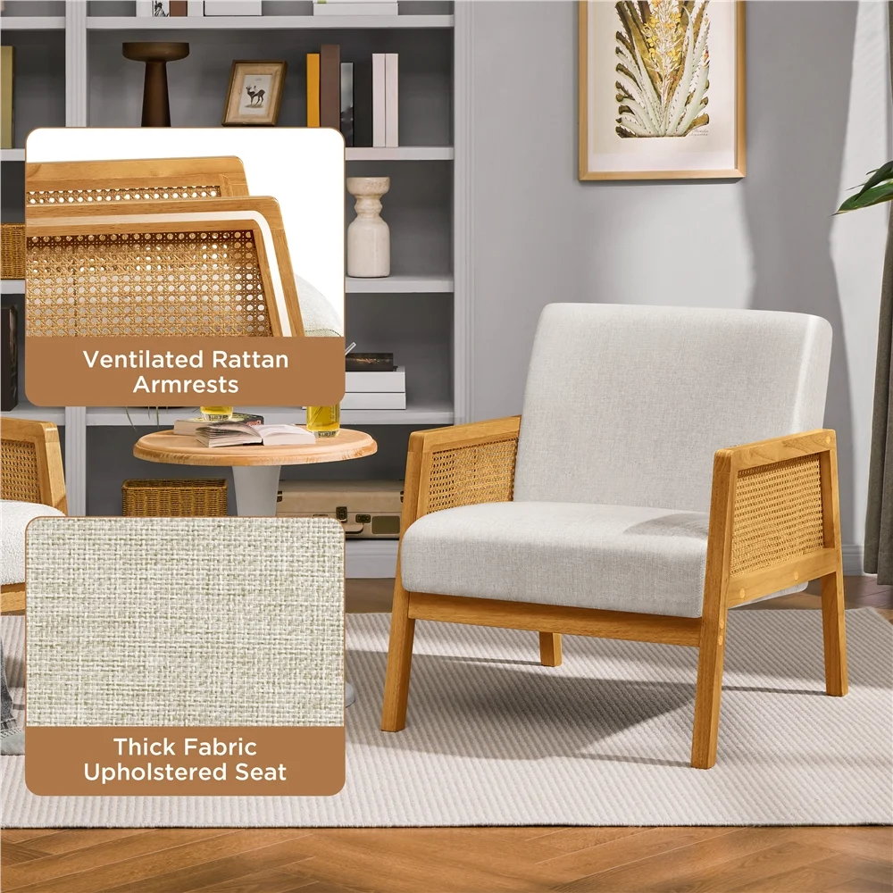 Renwick Fabric Upholstered Accent Chair with Rattan Sides for Living Rooms,Beige - Image 3