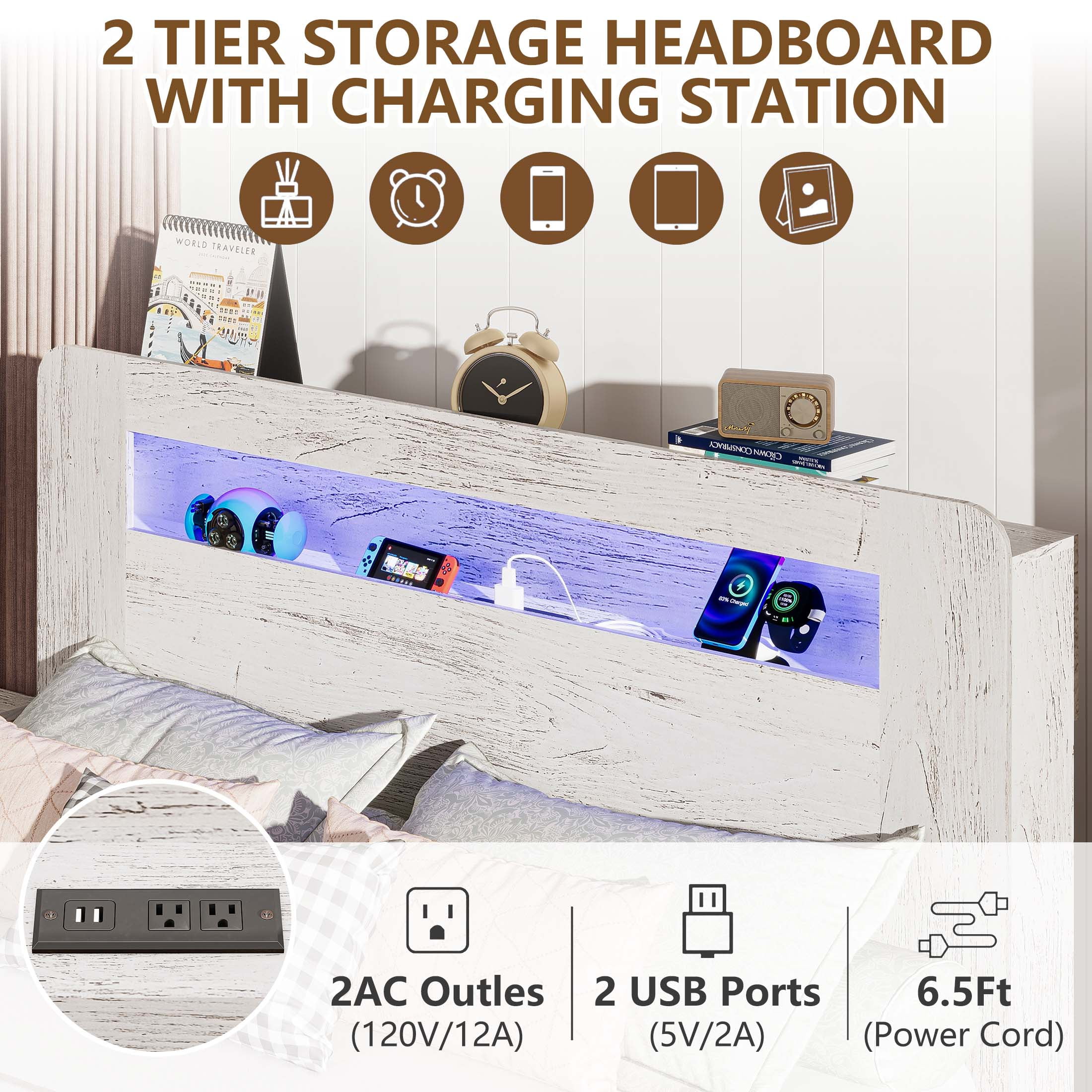 Full Bed Frame with LED Storage Headboard and Charging Station, UHOMEPRO Wood Full Bed Frame with Strong Support and RGB Lights, Modern Farmhouse Bedroom Furniture, No Box Spring Needed, White - Image 6