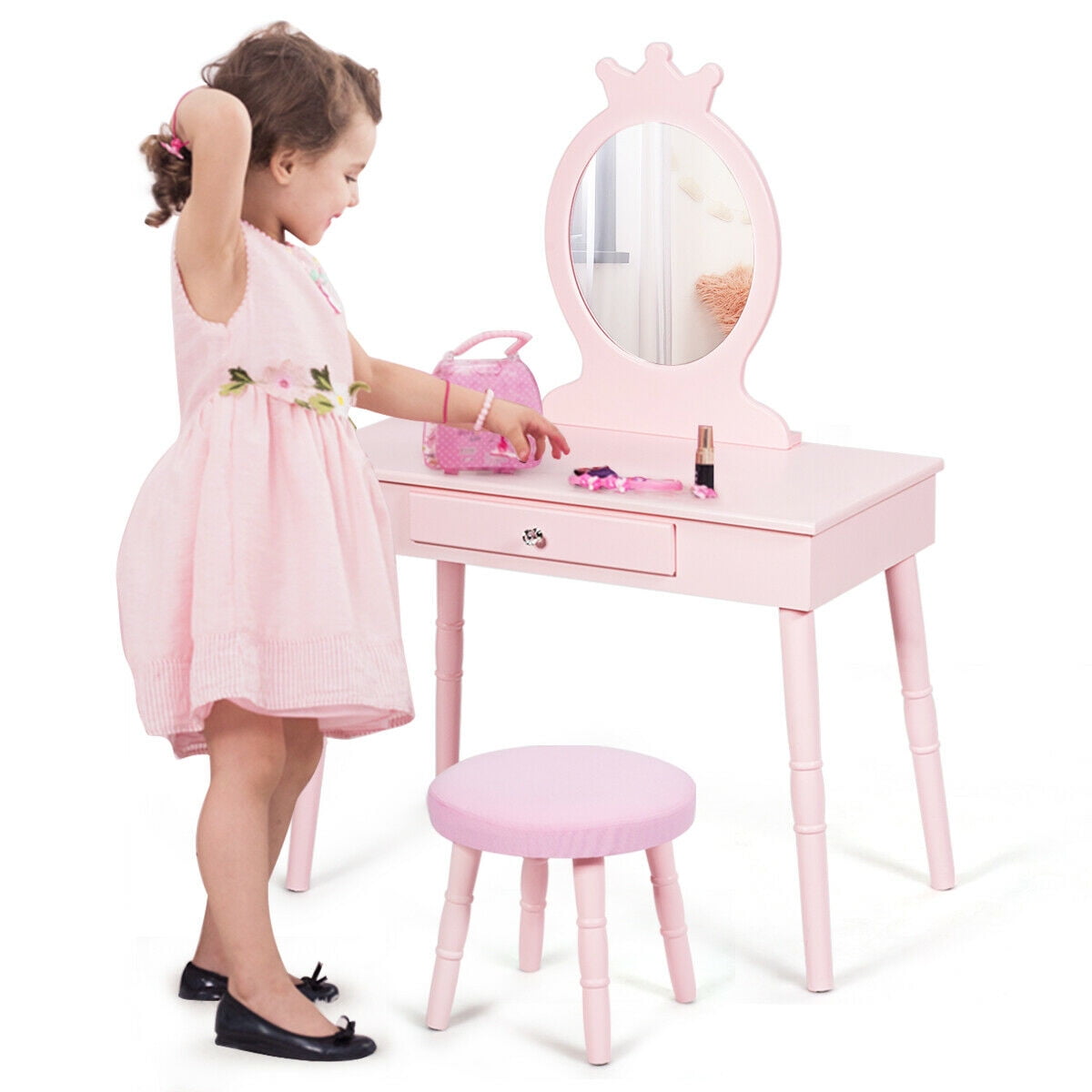 Gymax Kids Vanity Makeup Table & Chair Set Make Up Stool Play Set for Children Pink - Image 8