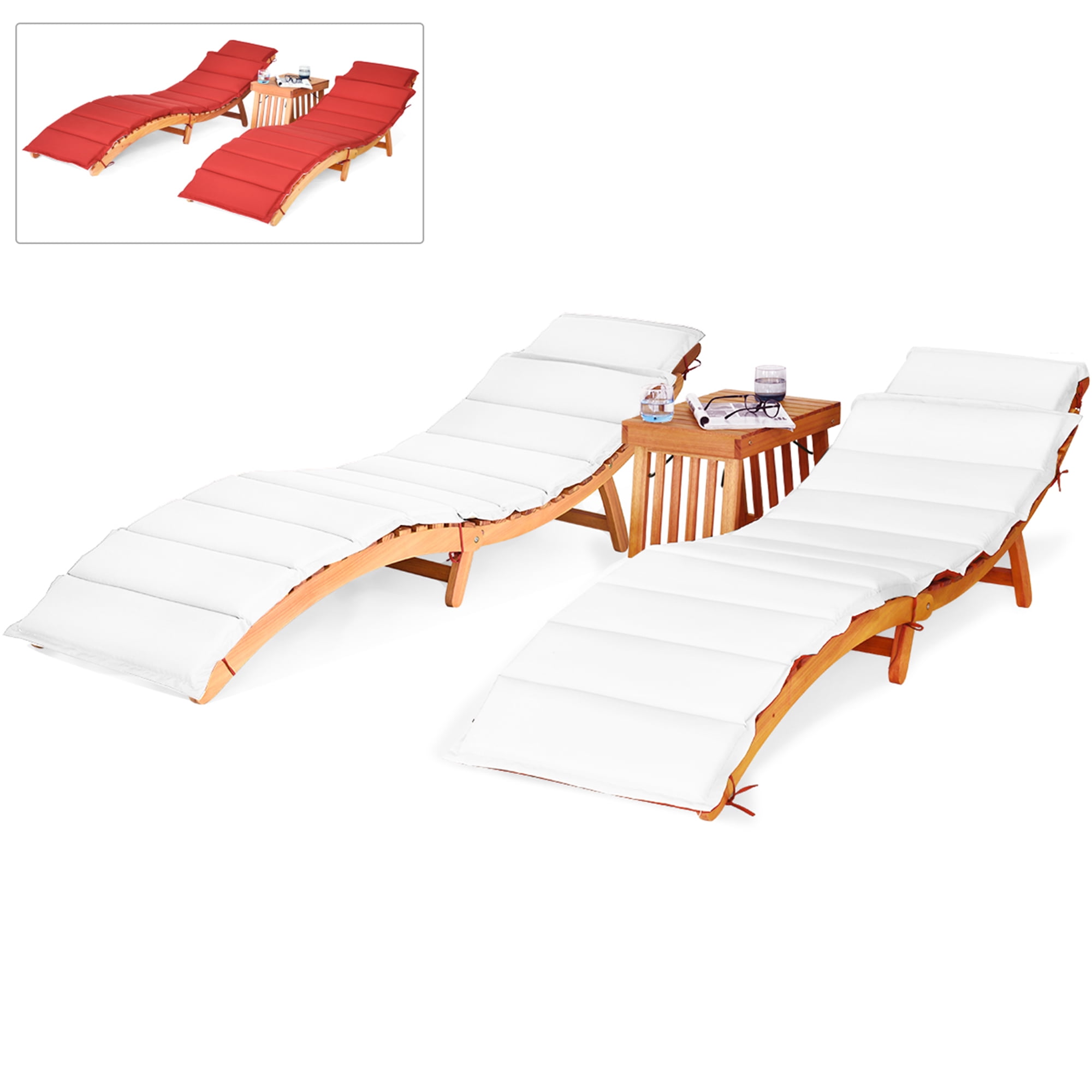 Costway 3PCS Wooden Folding Lounge Chair Set Cushion Pad Pool Deck - Image 2