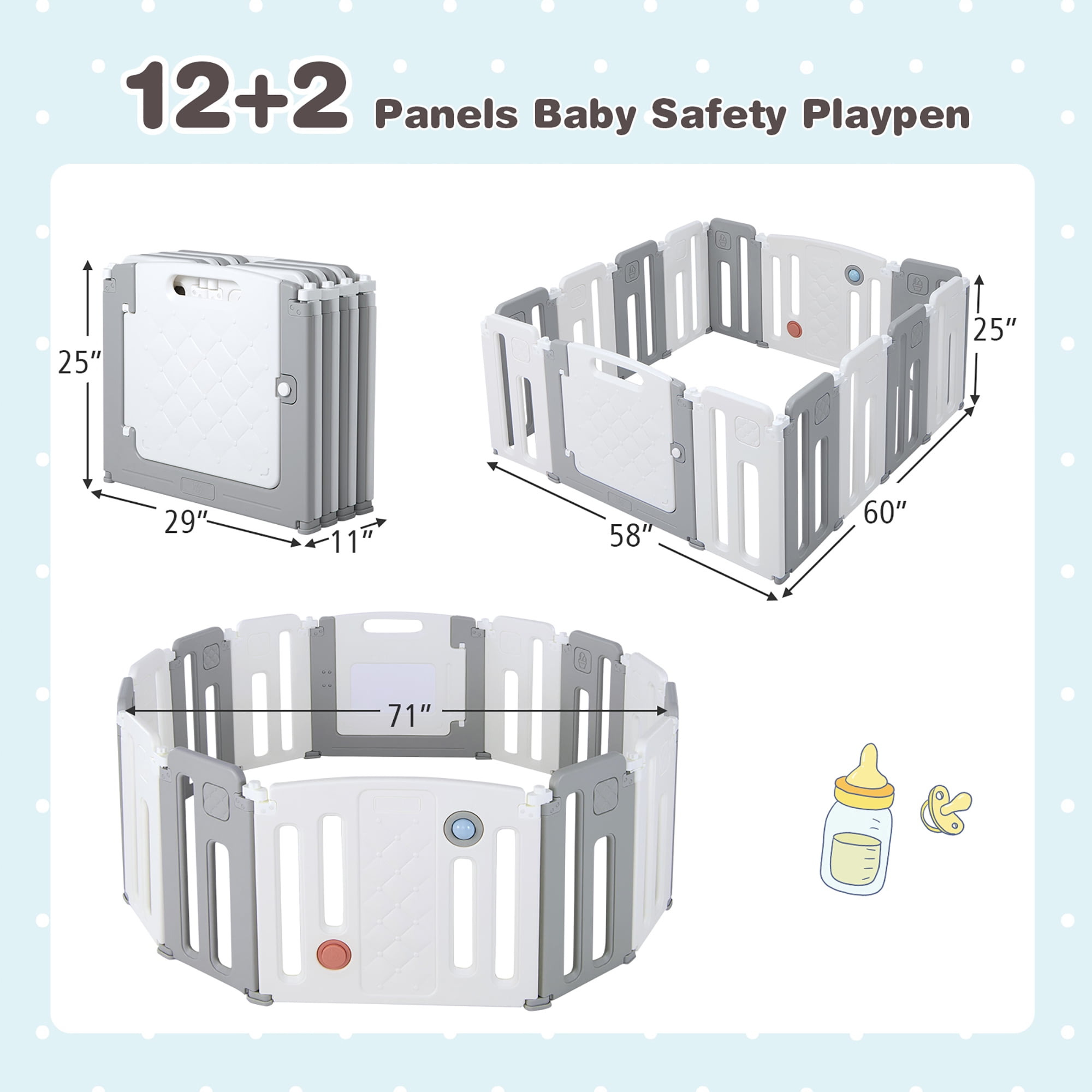 Costway 14 Panels Baby Safety Playpen Kids Safety Activity Play Center with Drawing Board Gray - Image 5