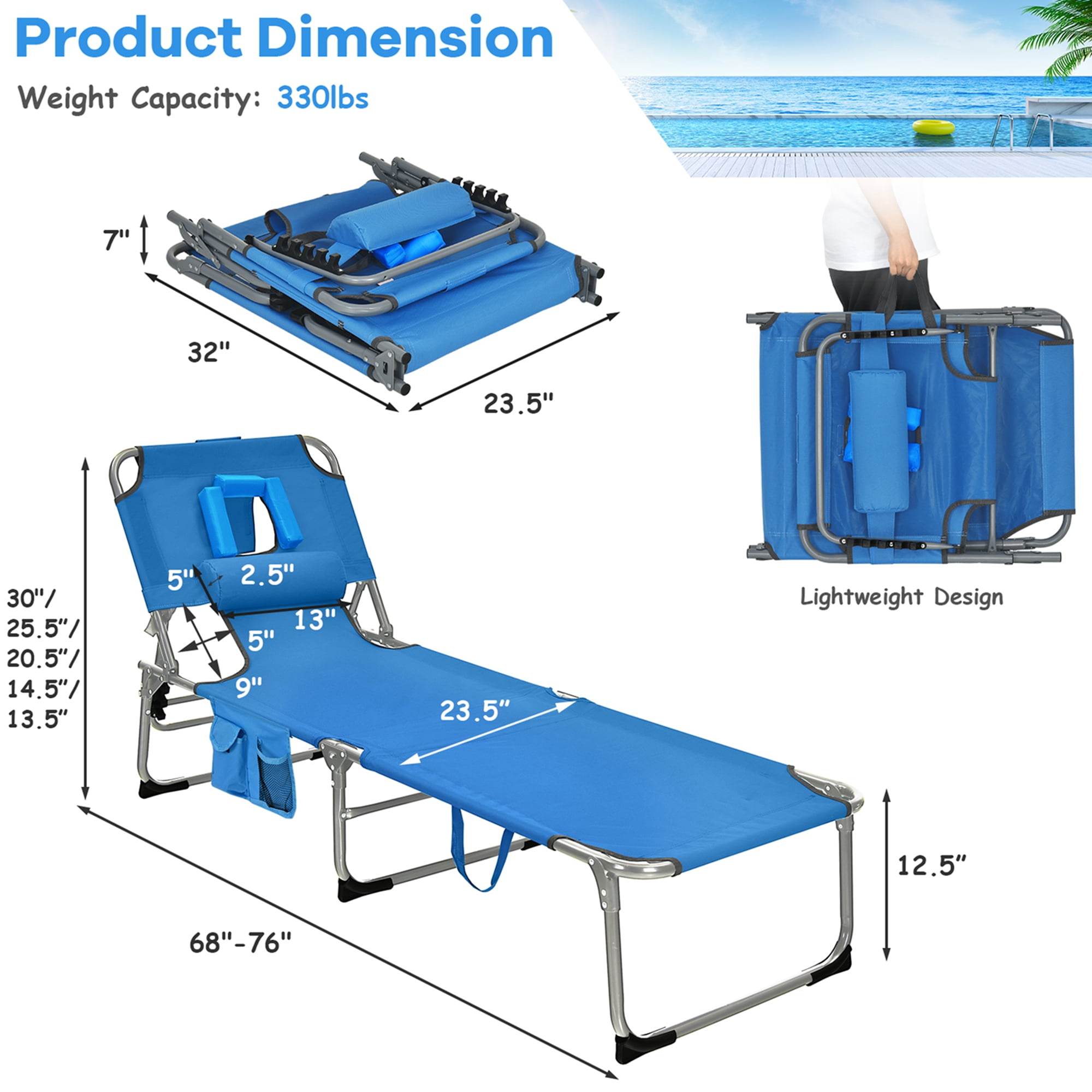 Goplus Outdoor Beach Lounge Chair Folding Chaise Lounge with Pillow Blue - Image 4