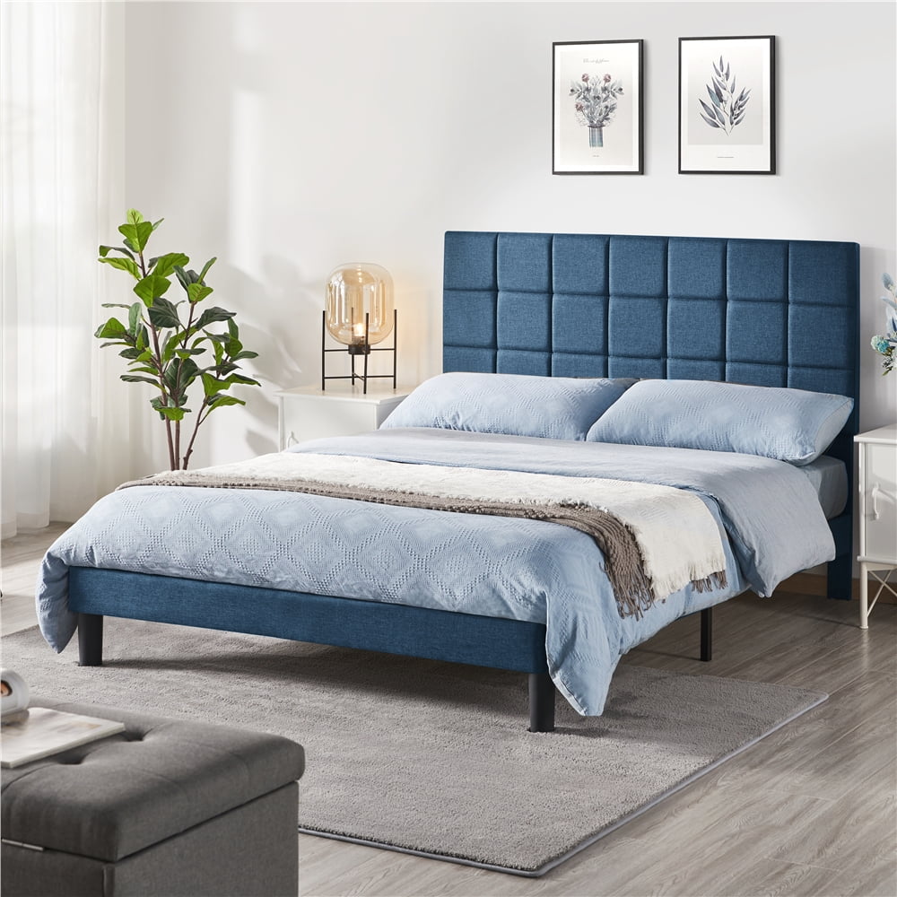 Yaheetech Modern Upholstered Platform Bed with Adjustable Tufted Headboard , Queen Size, Navy Blue - Image 5