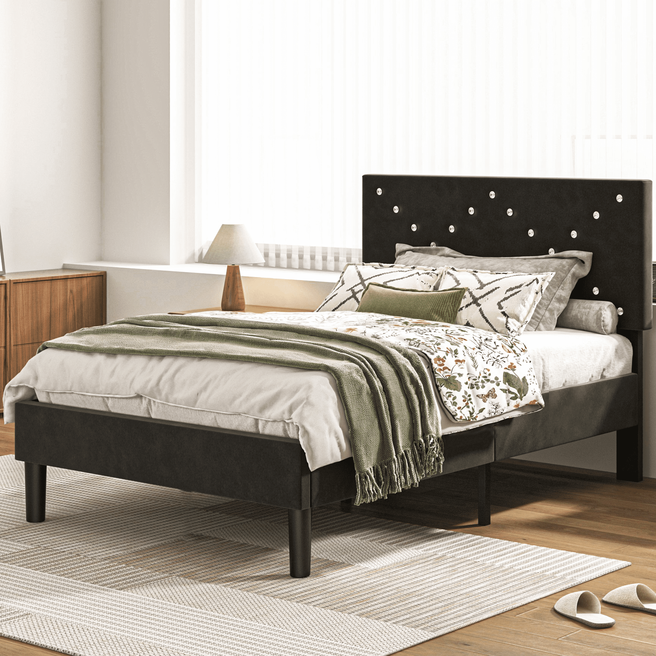 UHOMEPRO Black Platform Bed Frame, Twin Bed Frame with Velvet Upholstered Headboard, No Box Spring Needed, Easy Assembly - Image 5