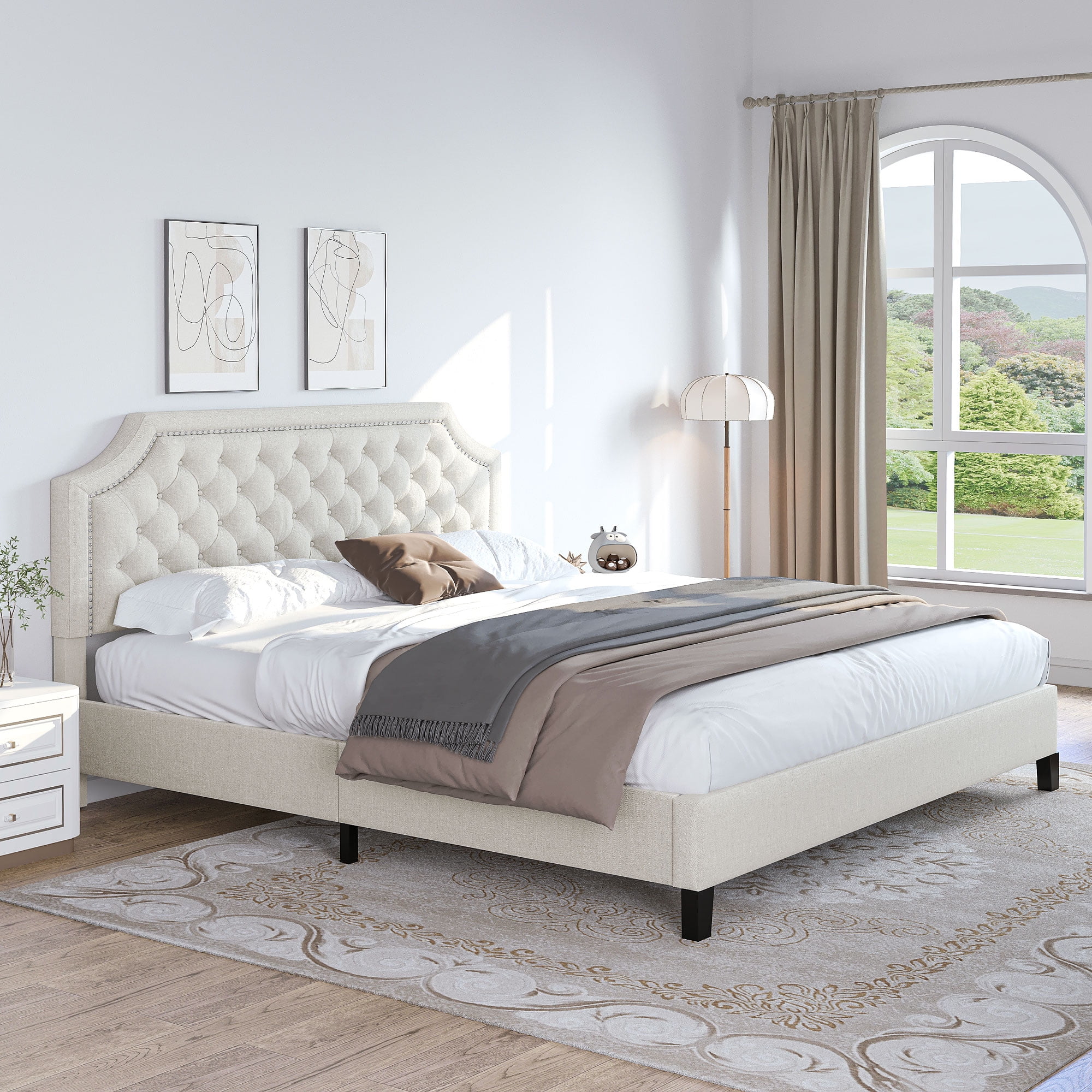 Dextrus King Size Platform Bed Frame with Tufted Upholstered Headboard, Beige - Image 5
