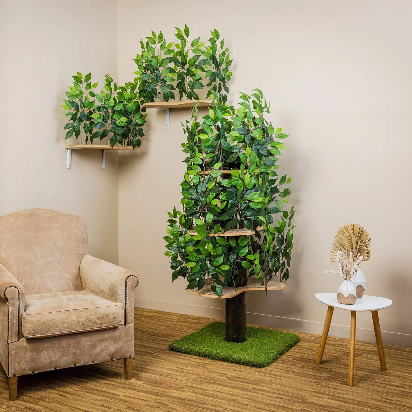 On2 Pets Bundle Cat Activity Tree with Leaves, Cat House & Cat Condo with a Set of 2 Wall-Mounted Cat Shelves, A - Image 2