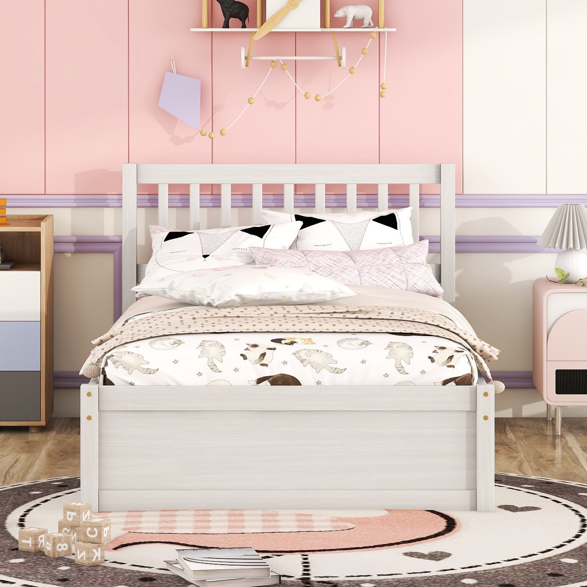 Miniyam Wood Twin Size Bed with Trundle & Headboard for Kids and Teens, White - Image 2