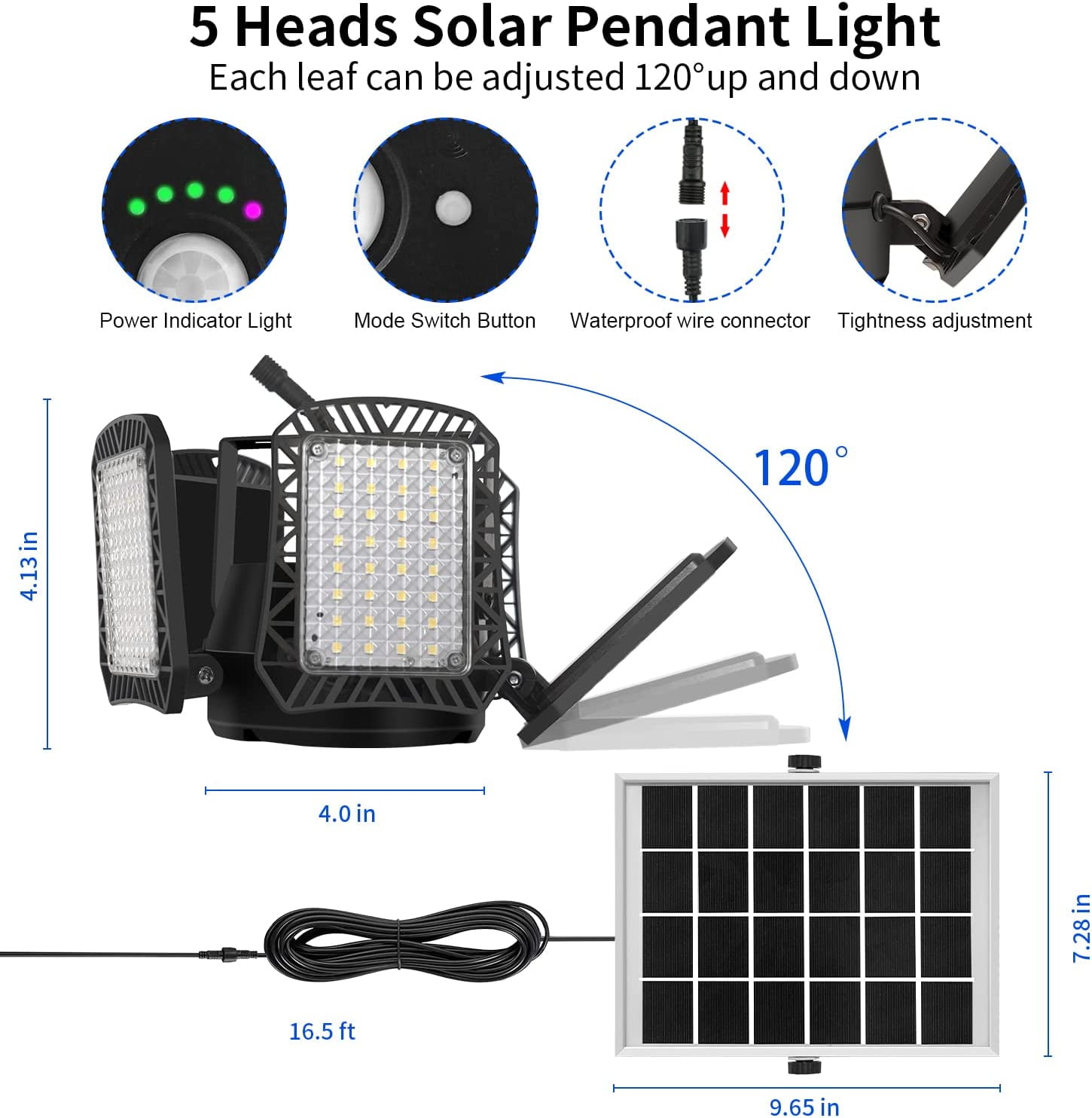 Auzev Solar Shed Light Indoor/Outdoor Work in Daylight, 160LED 1200LM Solar Pendant Light, 5-Leaf 120° Adjustable Solar Motion Sensor Light with Remote & 6 Lighting Modes for Shed Gazebo Barn - Image 8