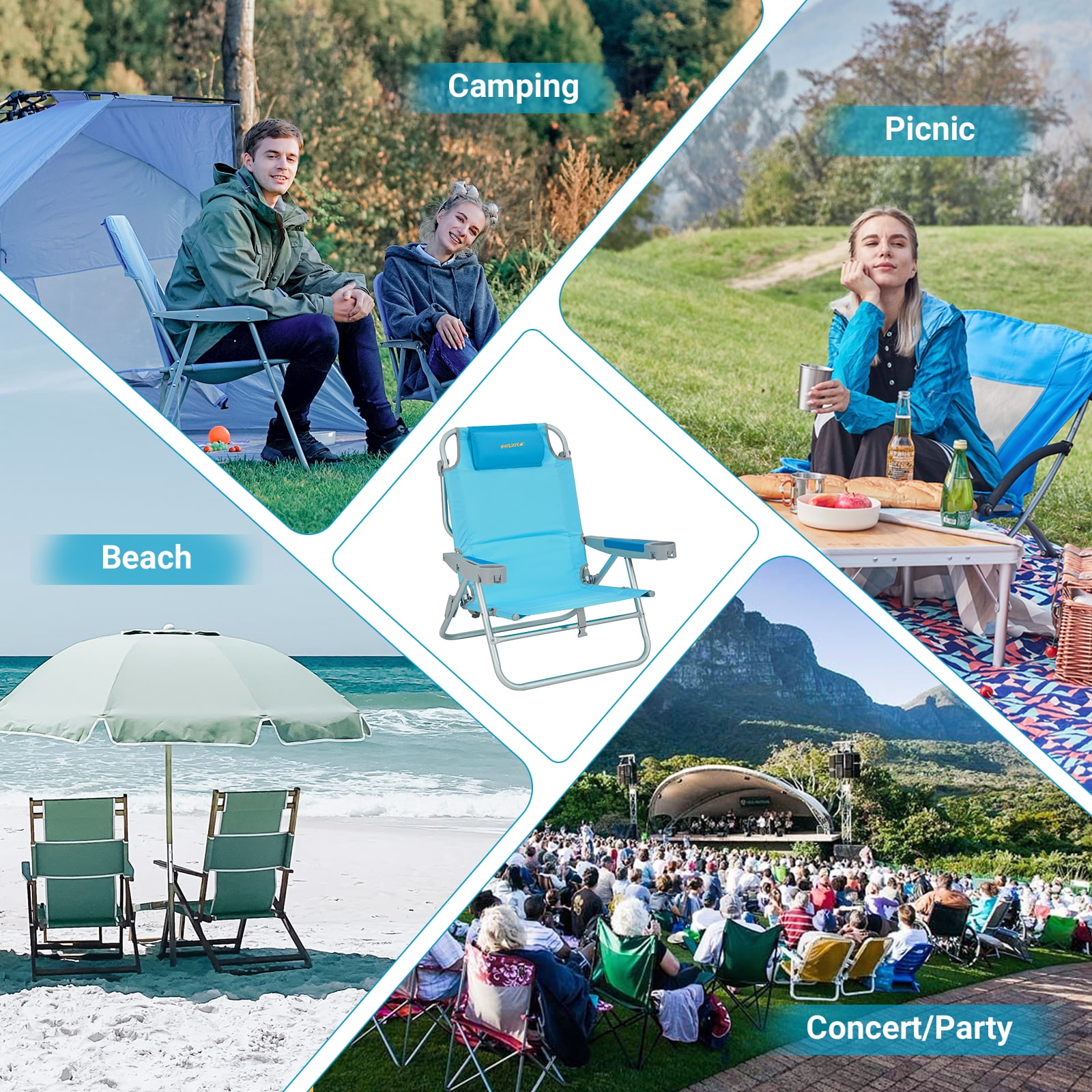 #WEJOY Folding Low Beach Chair, 5-Position Reclining Camping Chair, Portable Backpack Chairs, Backpack Beach Chairs for Adults with Cup Holder and Head Pillow, Supports up to 300 lbs - Image 7