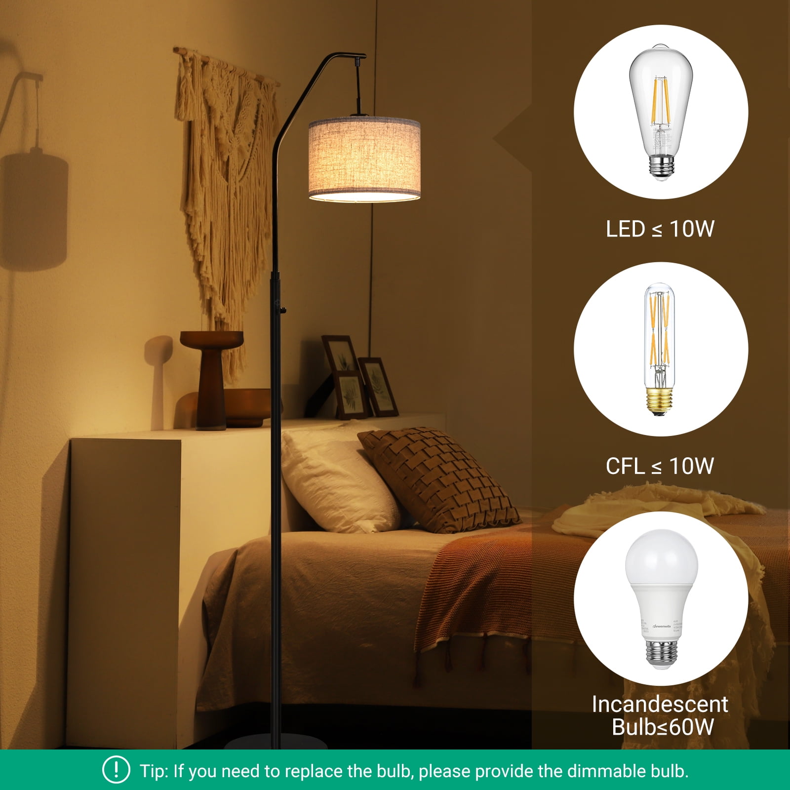 DEWENWILS Modern Arc Floor Lamps for Living Room, Dimmable Standing Lamp with Rotary Switch for Bedroom, LED Bulb Included, Adjustable Lampshade - Image 5