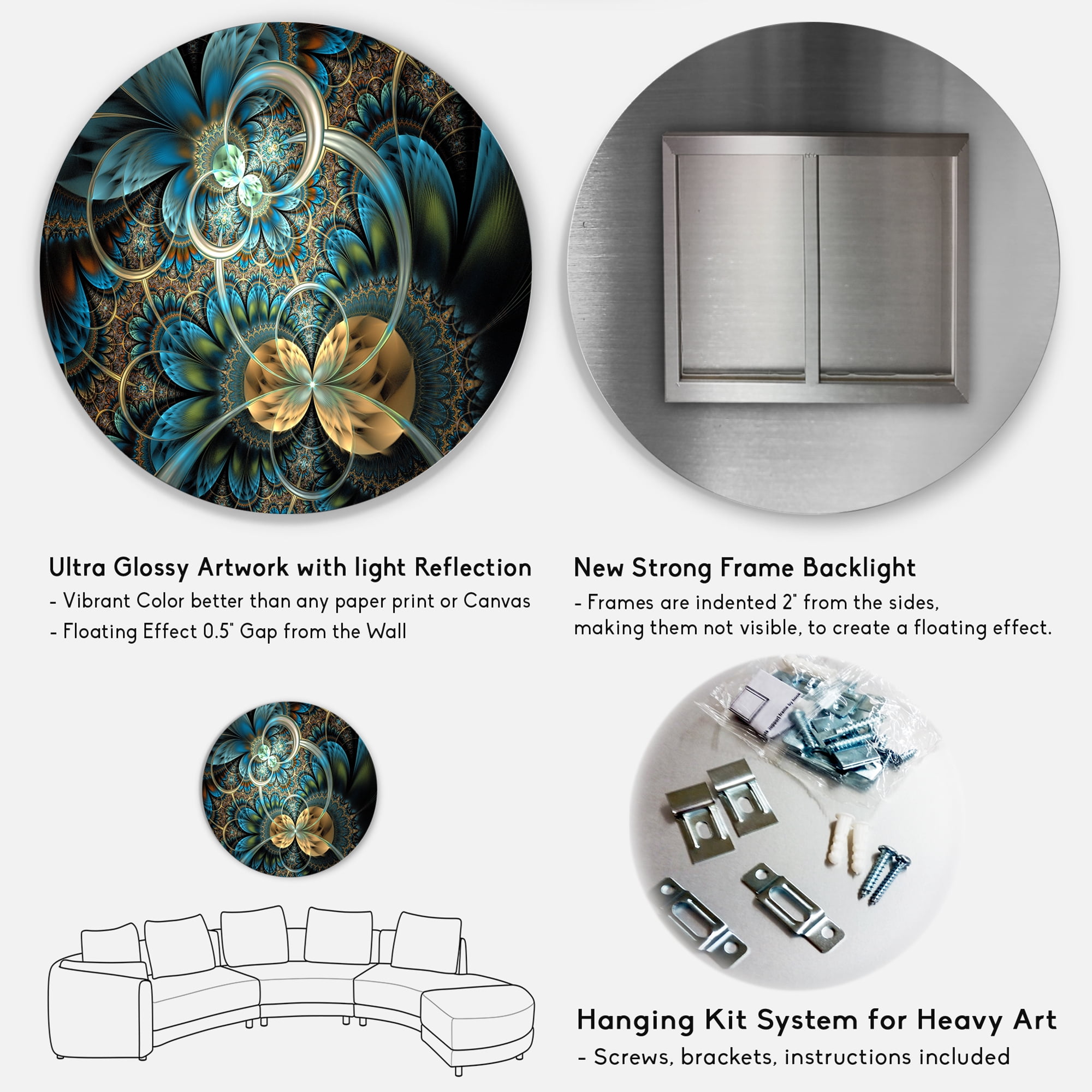 Designart Symmetrical Blue Gold Fractal Flower' Disc Large Contemporary Circle Metal Wall Arts - Image 2