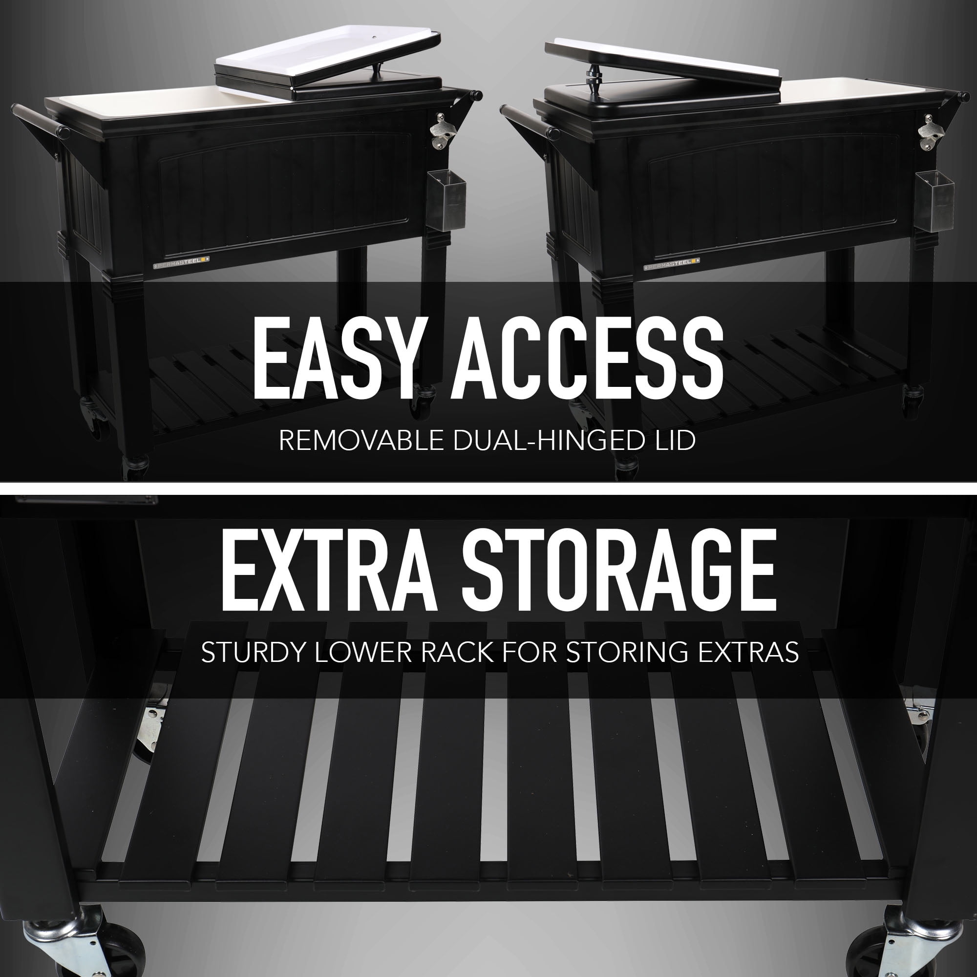 Permasteel 80-Qt Antique Outdoor Steel Patio Cooler on Wheels, Rolling Cooler Cart, Wooden Teak Style, Black - Image 7