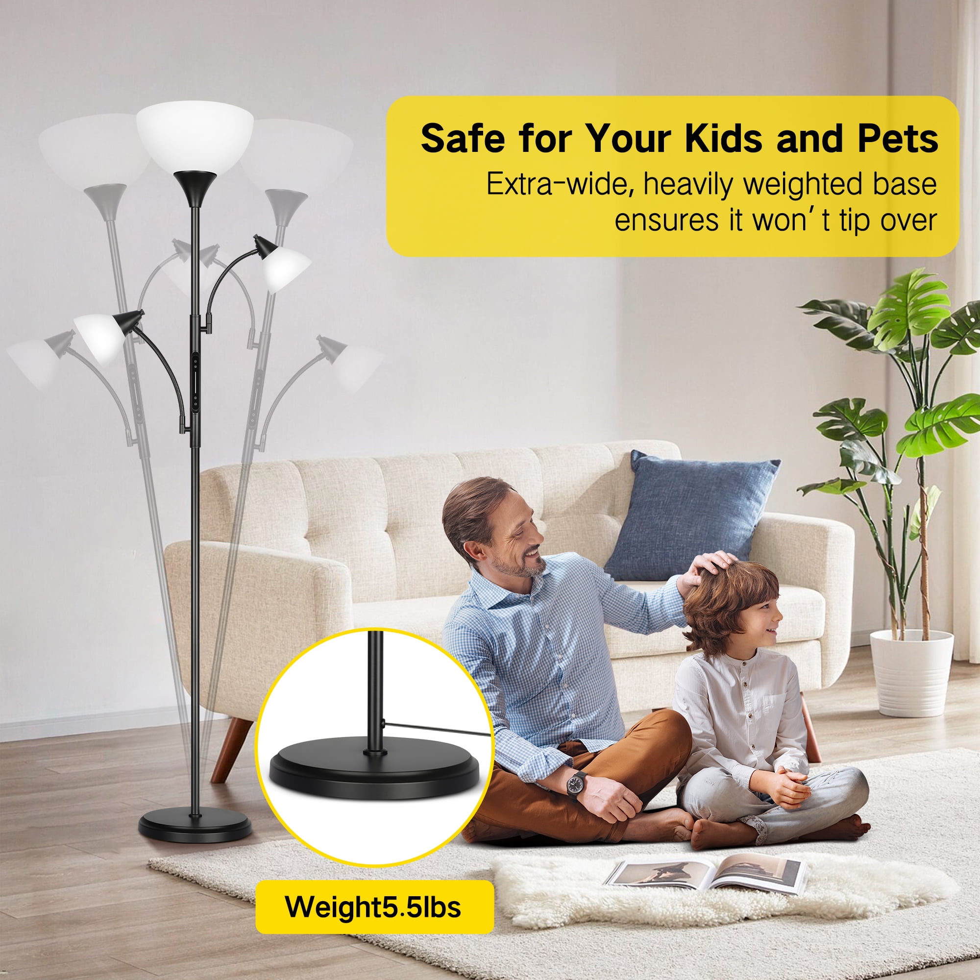 OUTON Torchiere Floor Lamp with Reading Light for Living Room, LED Standing Lampwith Remote Control for Bedroom, Modern Tall Reading Light, Black - Image 4