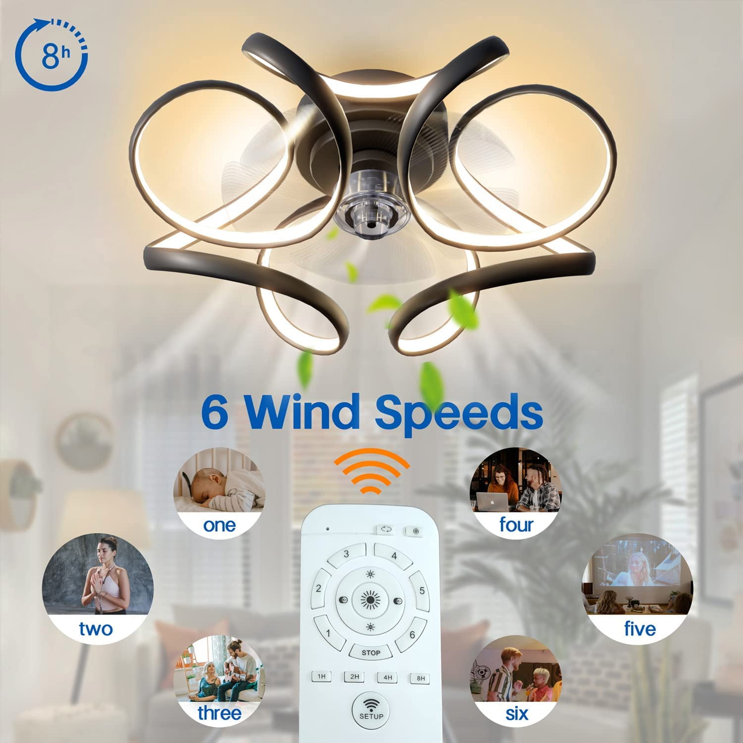 Surnie Ceiling Fan with Light, Modern Flush Mount Low Profile, Dimmable and Bladeless Ceiling Fans with Remote Control, Smart 3 Light Color and 6 Speeds for Living Room, Bedroom, Kitchen, Black - Image 3