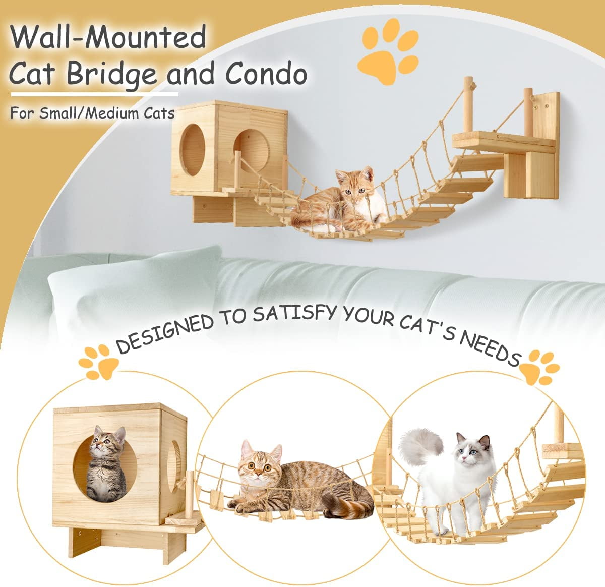 BreeRainz Cat Wall Shelves and Bridge for Indoors Cats, Cat Wall Furniture with Solid Wood Climbing Shelves and House to Play and Rest - Image 6