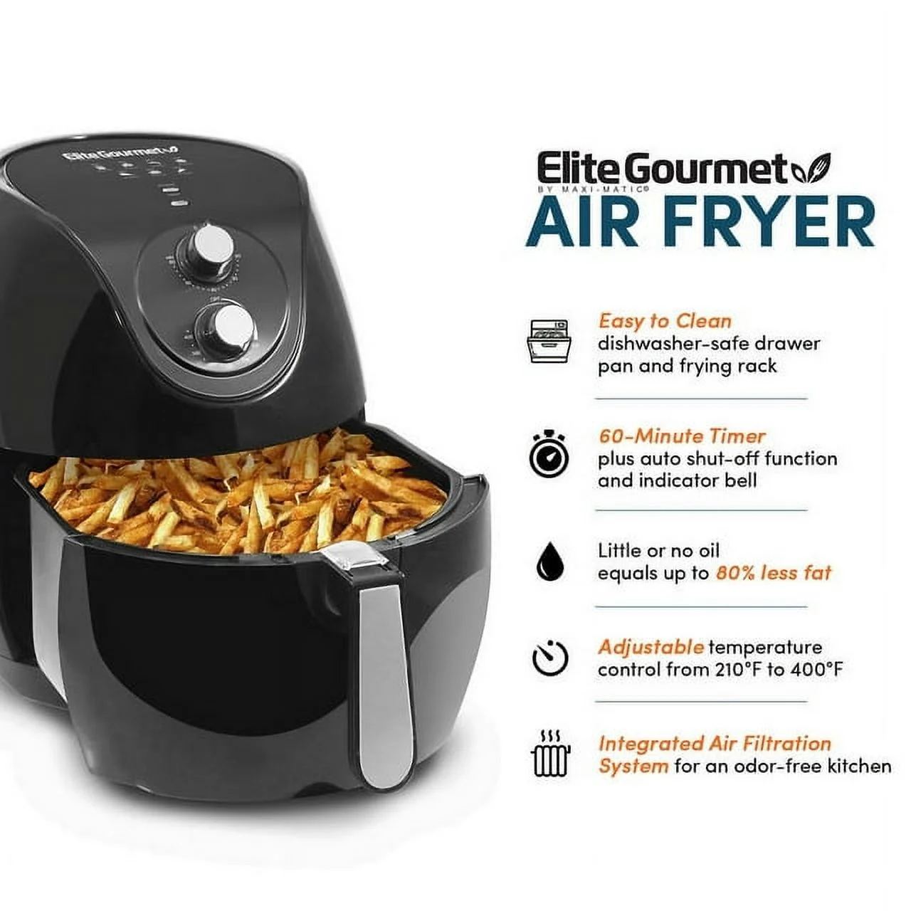 Elite Cuisine 6.5 qt Air Fryer, Black - Automatic Shutoff, Nonstick - Image 3