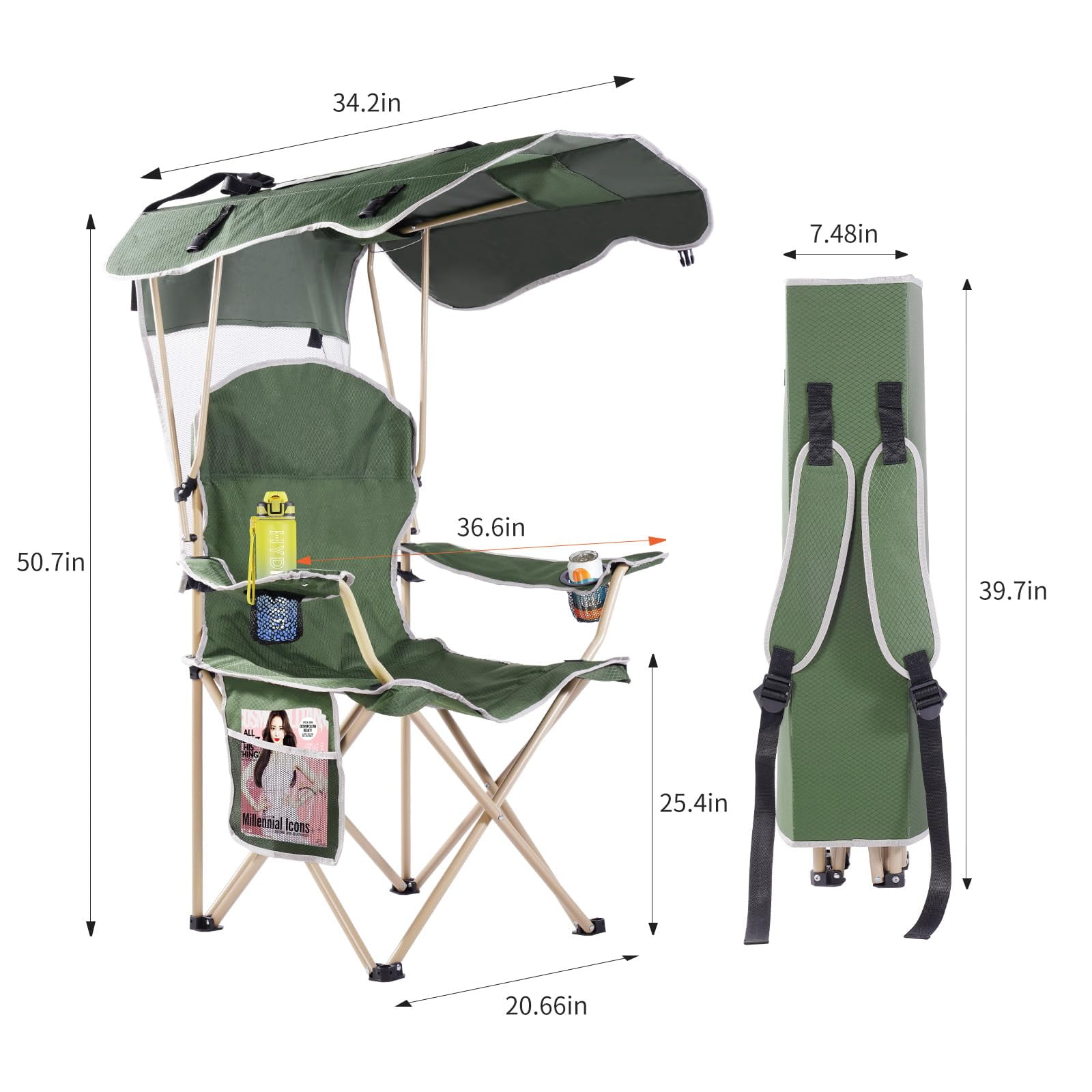 VTOY Camping Chair with Canopy Portable Canopy Camping Chairs with Shade for Outside Folding Beach Chairs with Shade for Adults(Olive Green) - Image 4