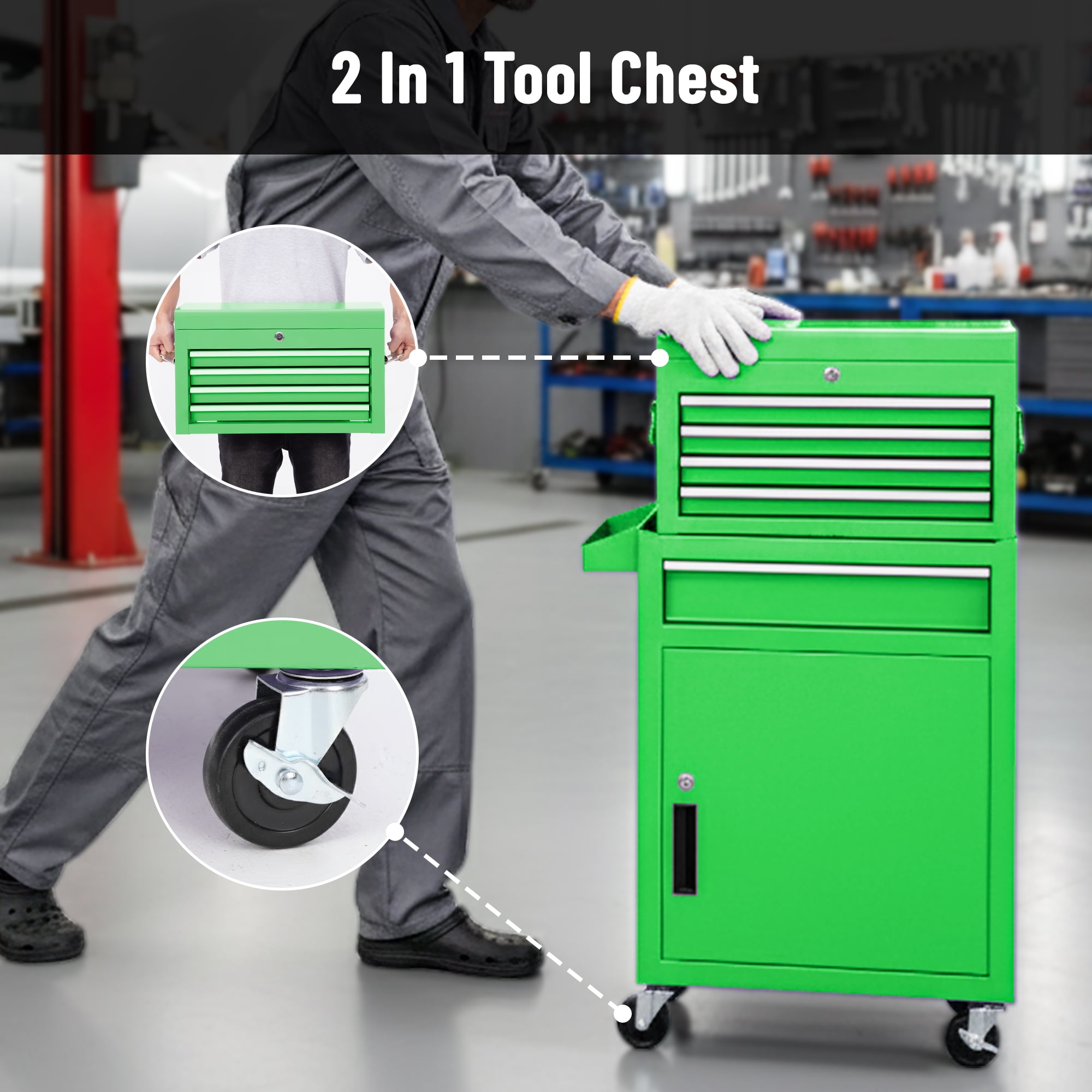 5-Drawer Tool Chest on Wheels, 2 In 1 Rolling Tool Storage Cabinet, Tool Organizer for Garage, Workshop, Warehouse & Repair Shop, Green - Image 6