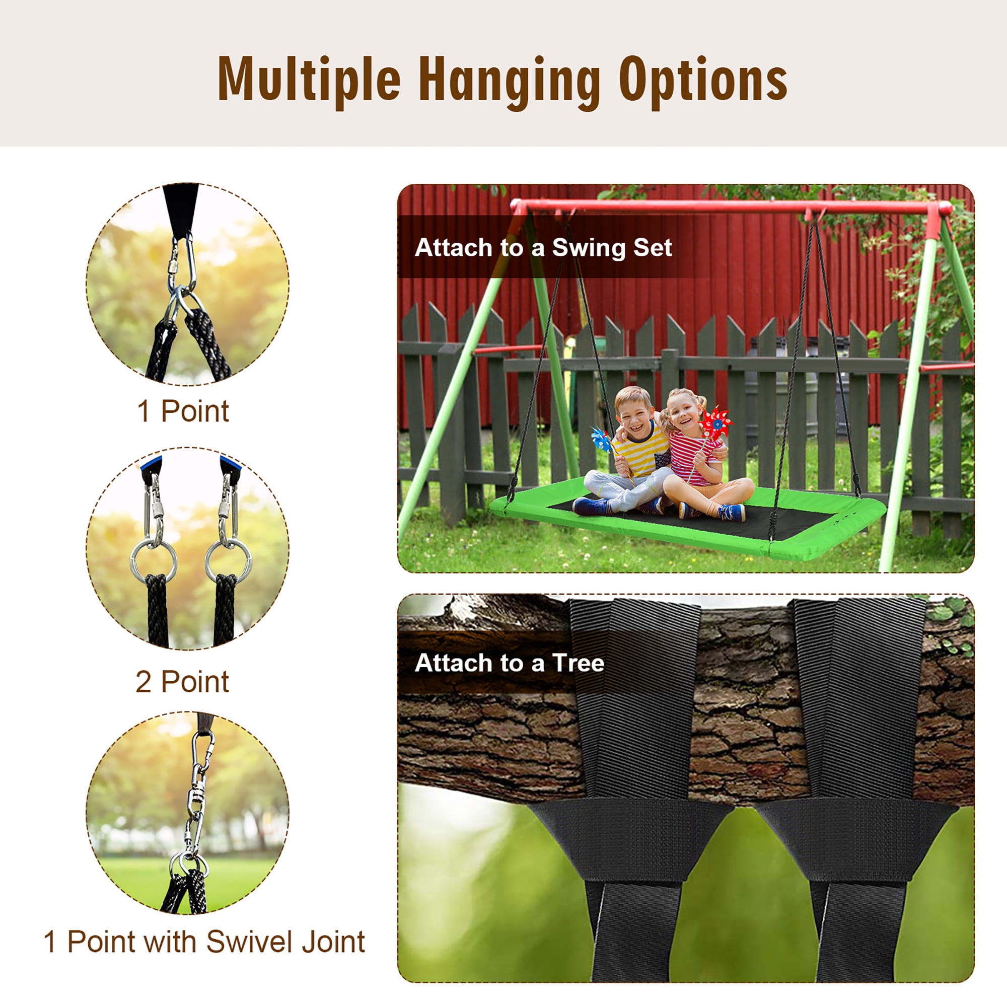 Goplus 700lb Giant 60'' Platform Tree Swing Outdoor w/ 2 Hanging Straps Green - Image 7