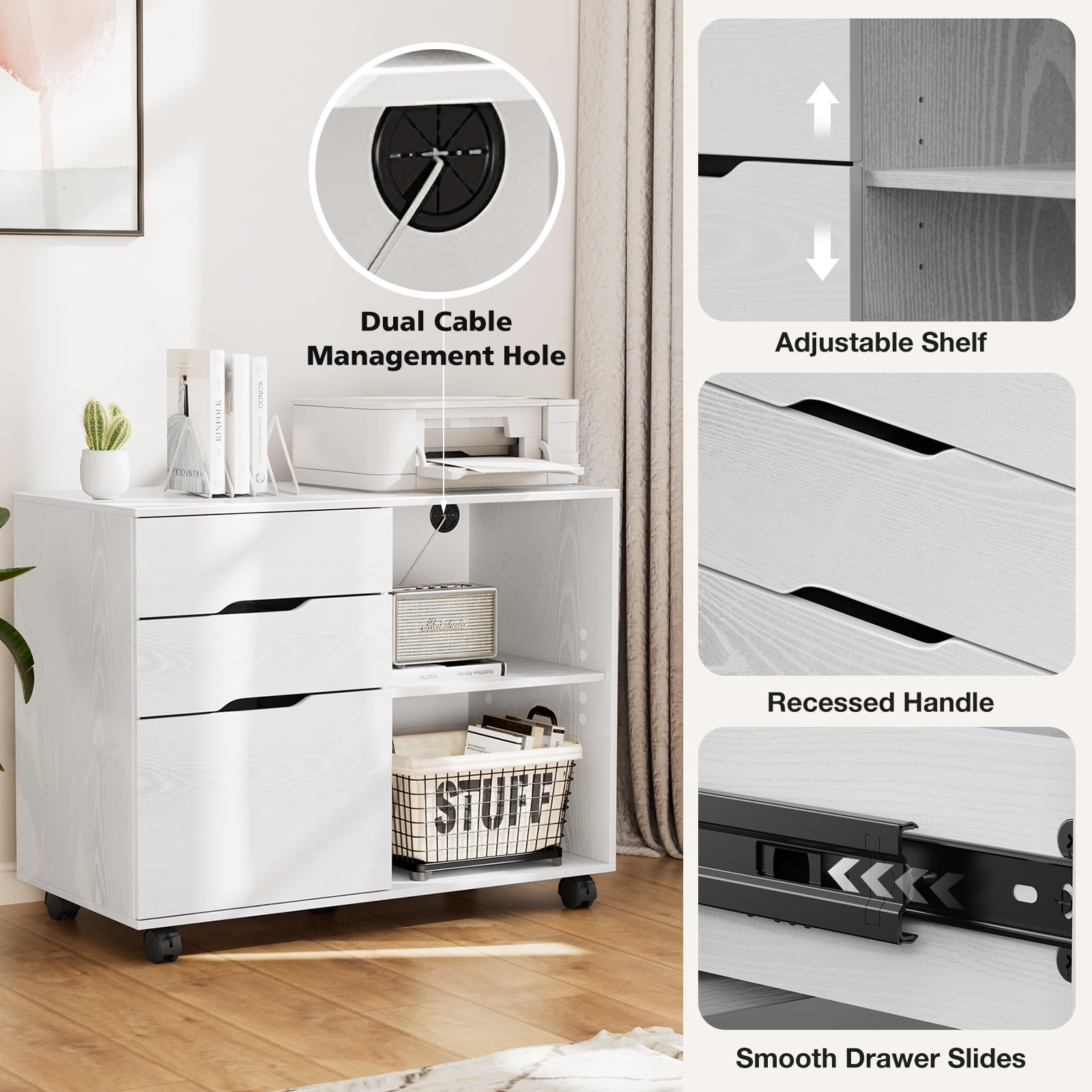 Edx Wooden 3 Drawer File Rolling Cabinet with Wheels, White - Image 3