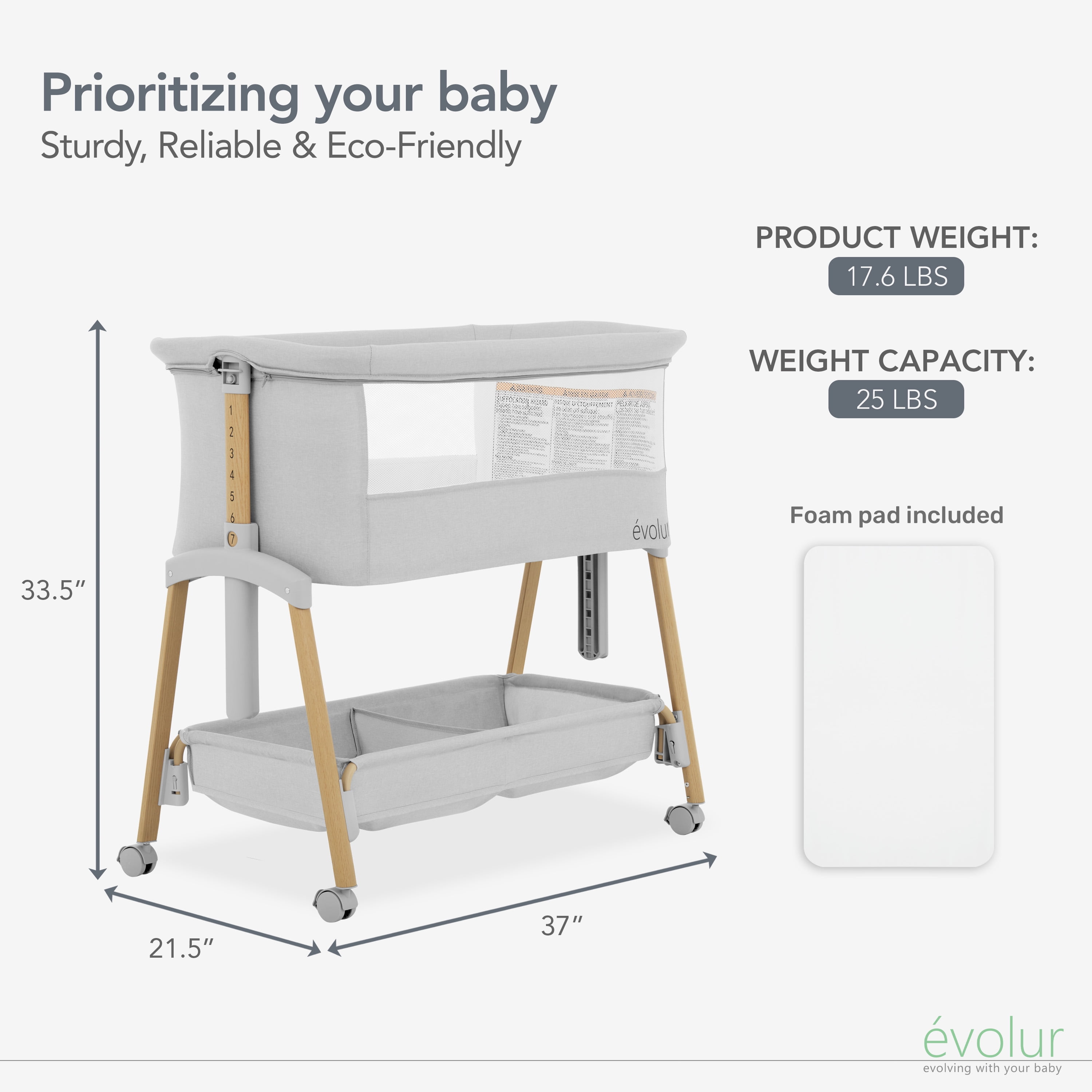 Evolur Lullaby Portable Bassinet With Wheels, Light Gray - Image 4