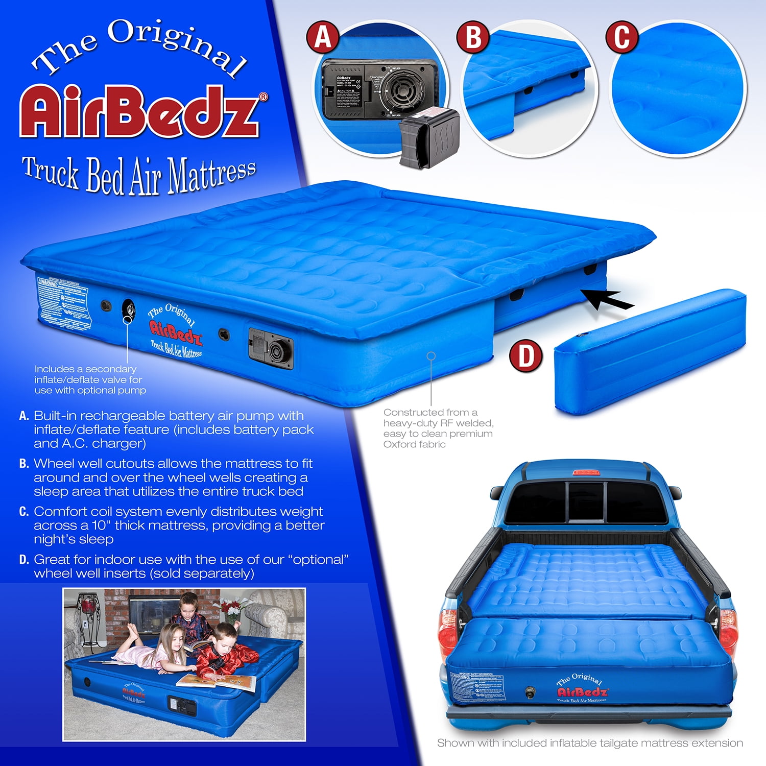 Airbedz by Pittman Outdoors - Truck Bed Air Mattress Mid Size 5.0'-5.5' Ft Bed With Built-In Rechargeable Battery Air Pump & Includes Tailgate Extension Blue - Image 6