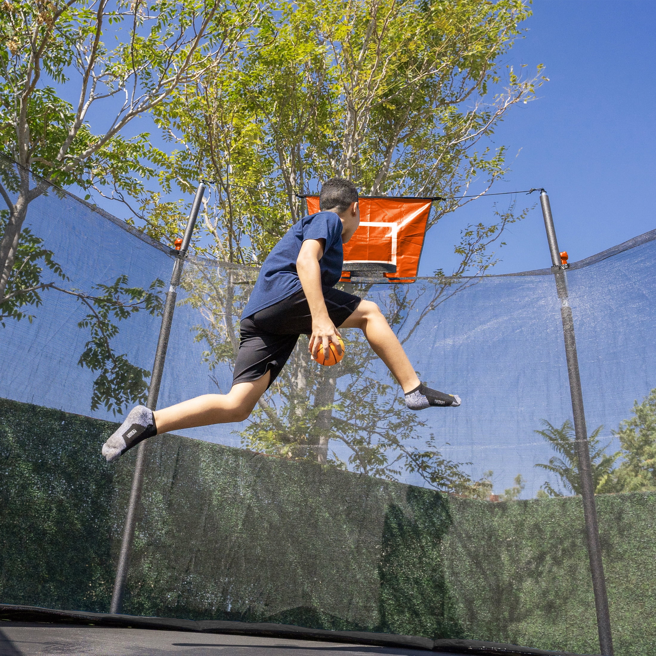 Bounce Pro 14ft Multiplay Trampoline & Enclosure Combo Set with Basketball, Electron Shooter Game, Flash Light Zone Features, Painted Legs & Phone Pouch - Image 8