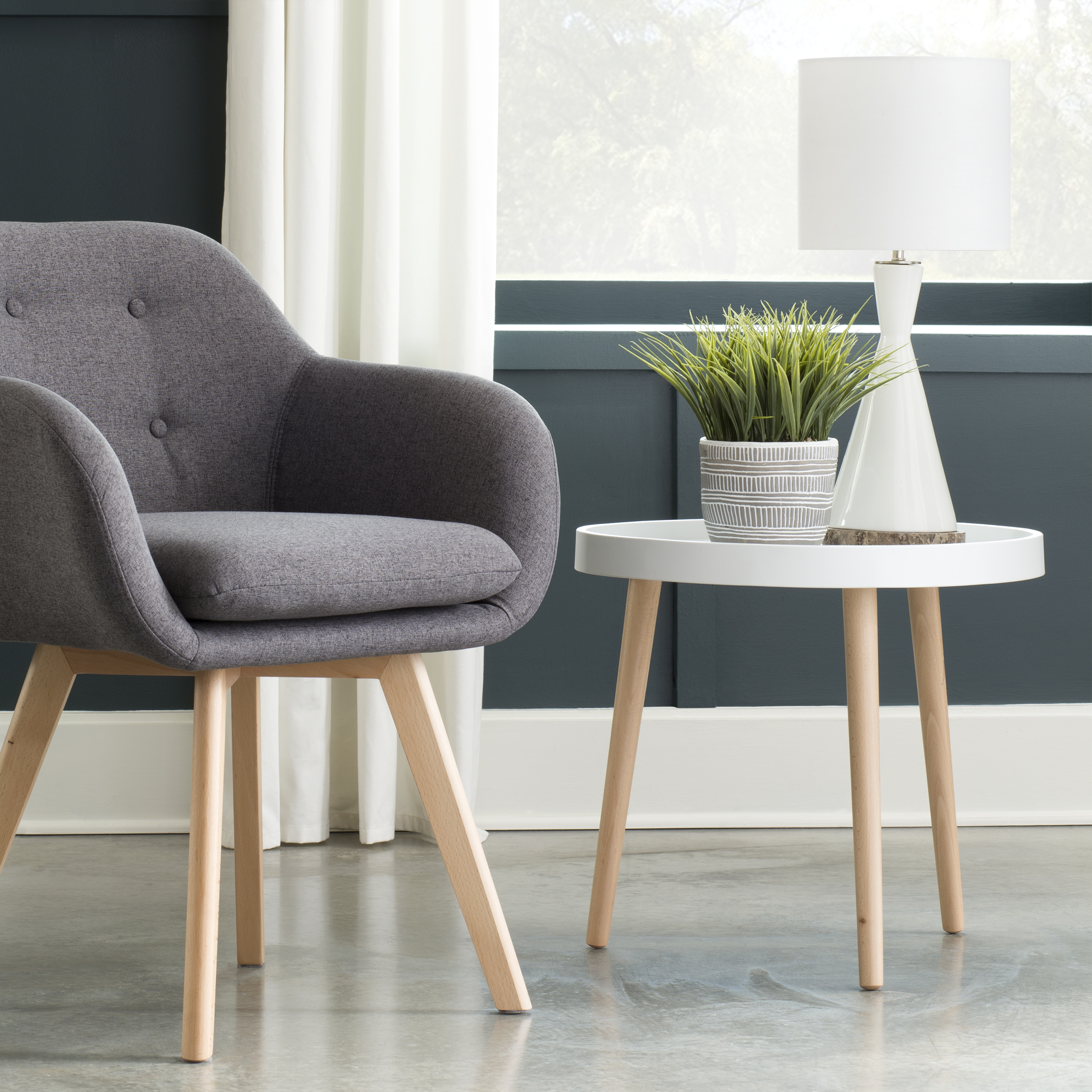 OFM Mid Century Modern Plastic End Table, Solid Wood Legs in White - Image 7