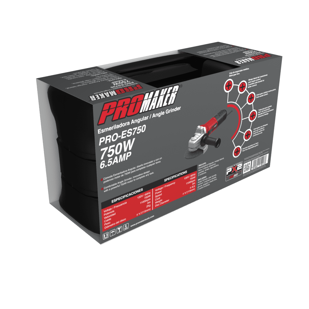 Promaker 6.5-Amp Power Angle Grinder 4-1/2 inch with Protection Googles, Pair of gloves, Two grinding Wheels, Box, and two (2) extra Carbon brushes (115mm) 750W. PRO-ES750KIT. - Image 3