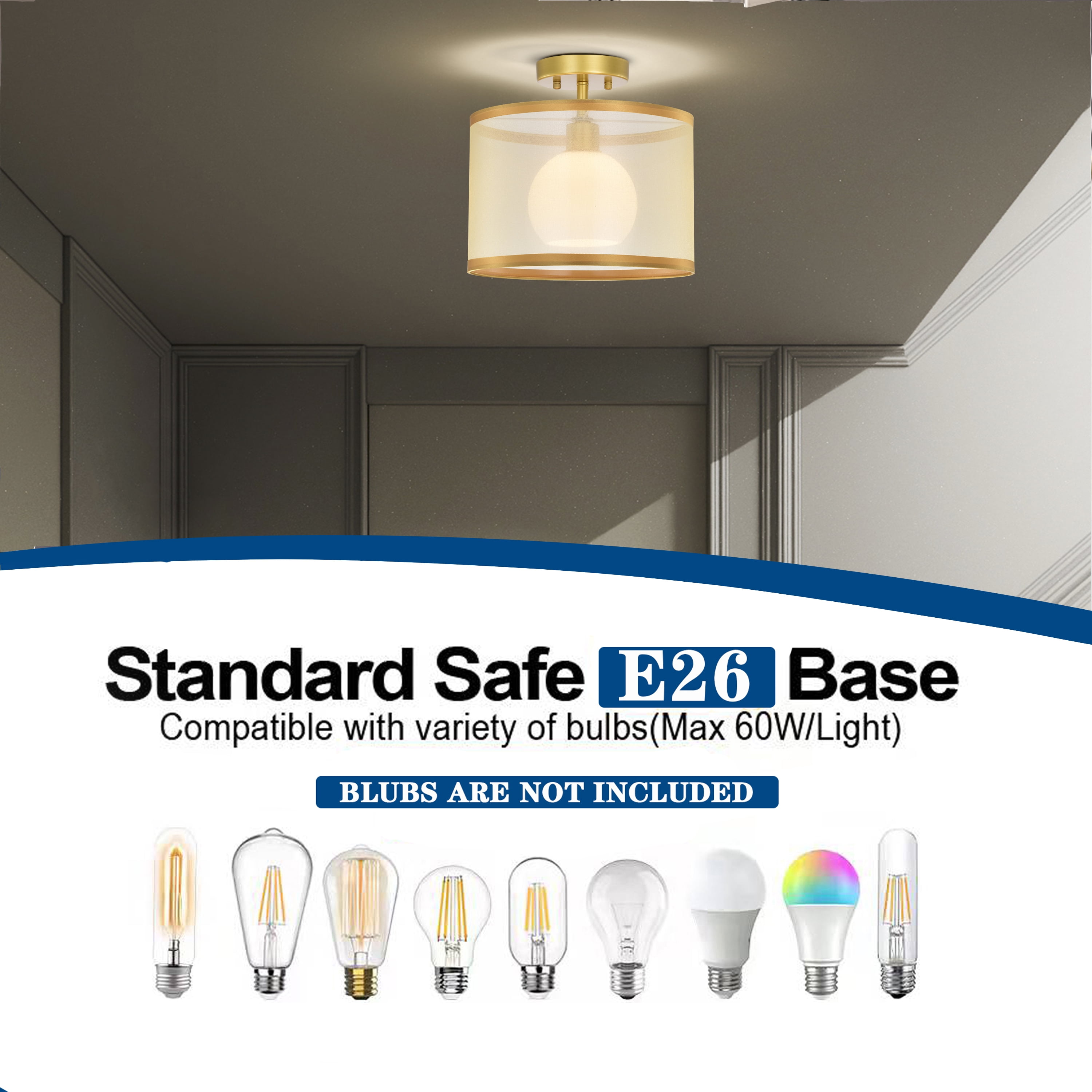 ASHOP Ceiling Light Semi Flush Mount Fixtures Modern Close to Ceiling Lamps Gold Drum Light Fixture with Double Shade - Image 8