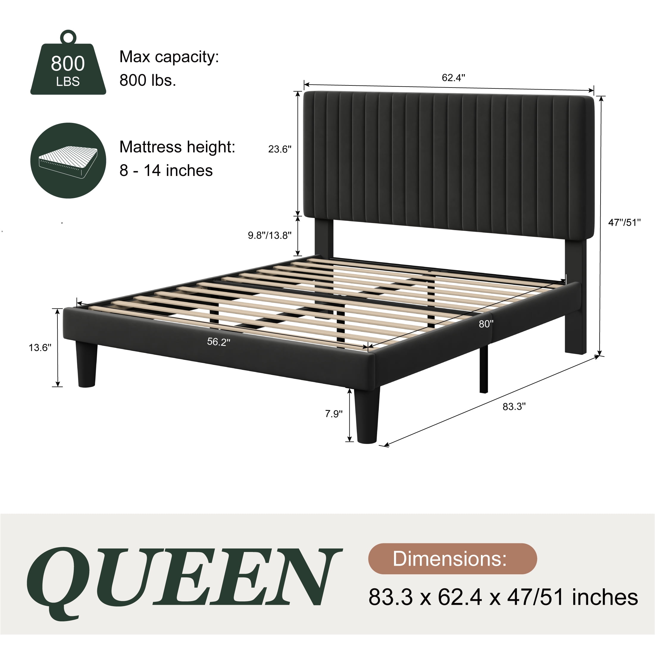 Amolife Queen Size Upholstered Platform Bed Frame with Adjustable Velvet Headboard, Black - Image 8