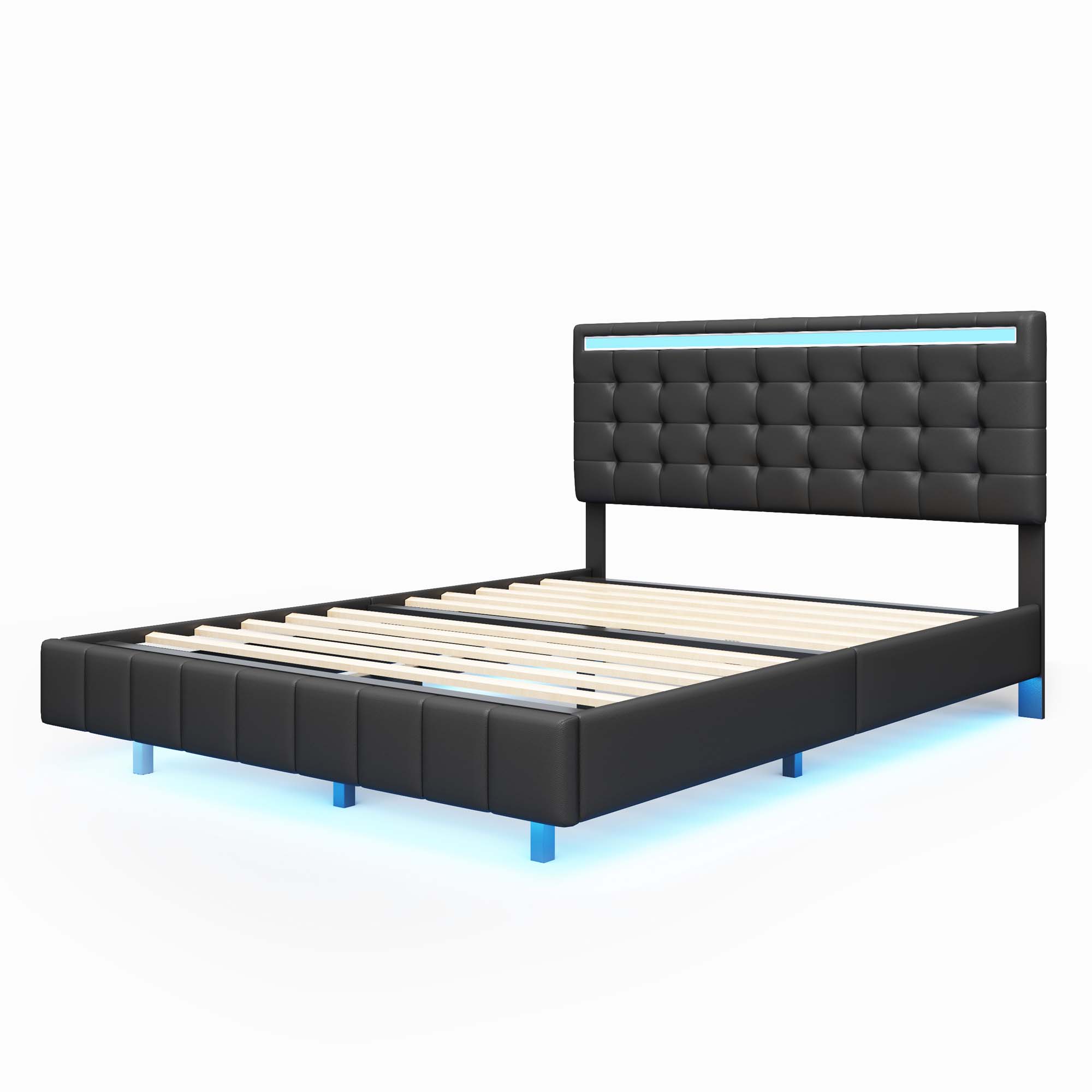 Aukfa Upholstered LED Bed, Queen Platform Bed with LED Lights and USB Ports - Black - Image 5