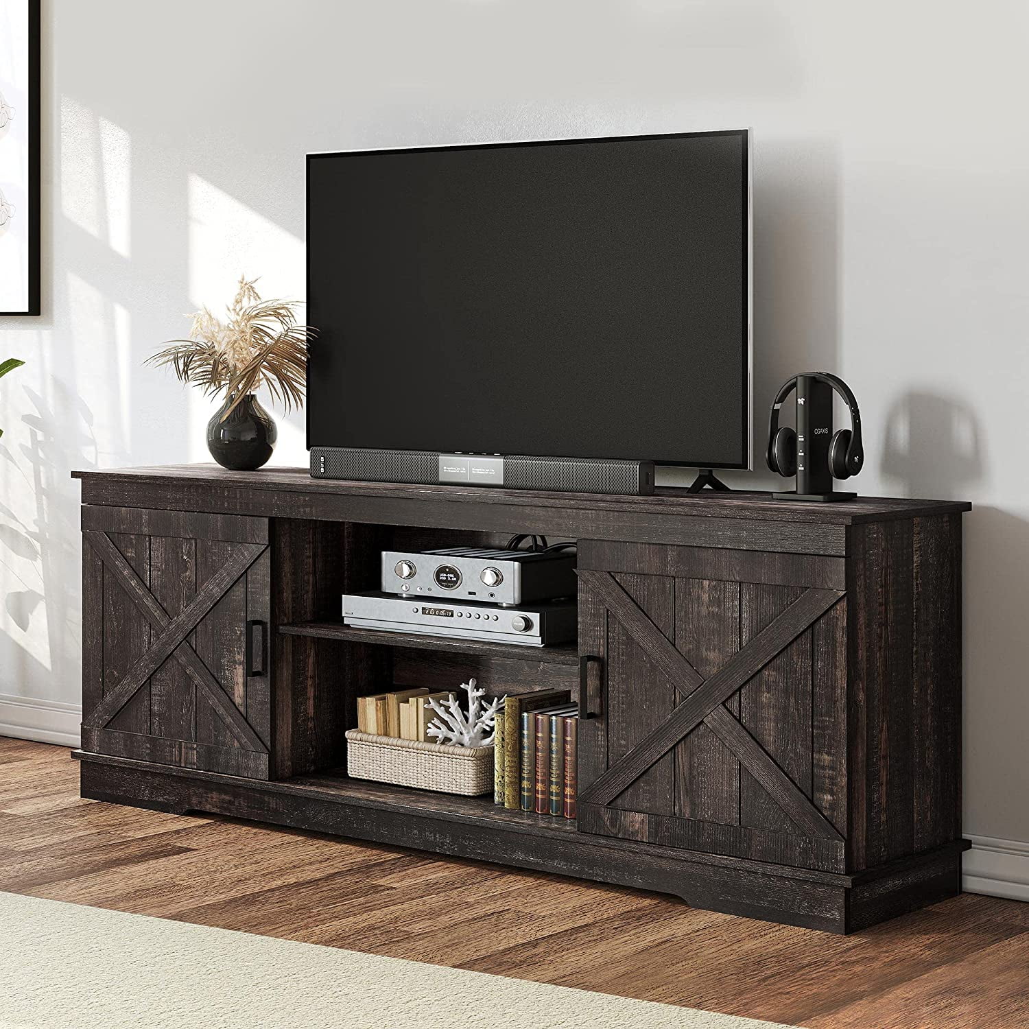 DEXTRUS Rustic TV Stand for 65 Inch TV, Entertainment Center for 300lbs with Double Barn Doors, TV Media Console TV Cabinet, Dark Oak - Image 2
