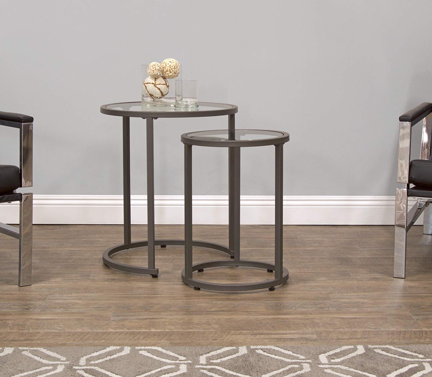 Studio Designs Camber Modern Round Nesting End Tables, Pewter Metal/Glass - Image 3