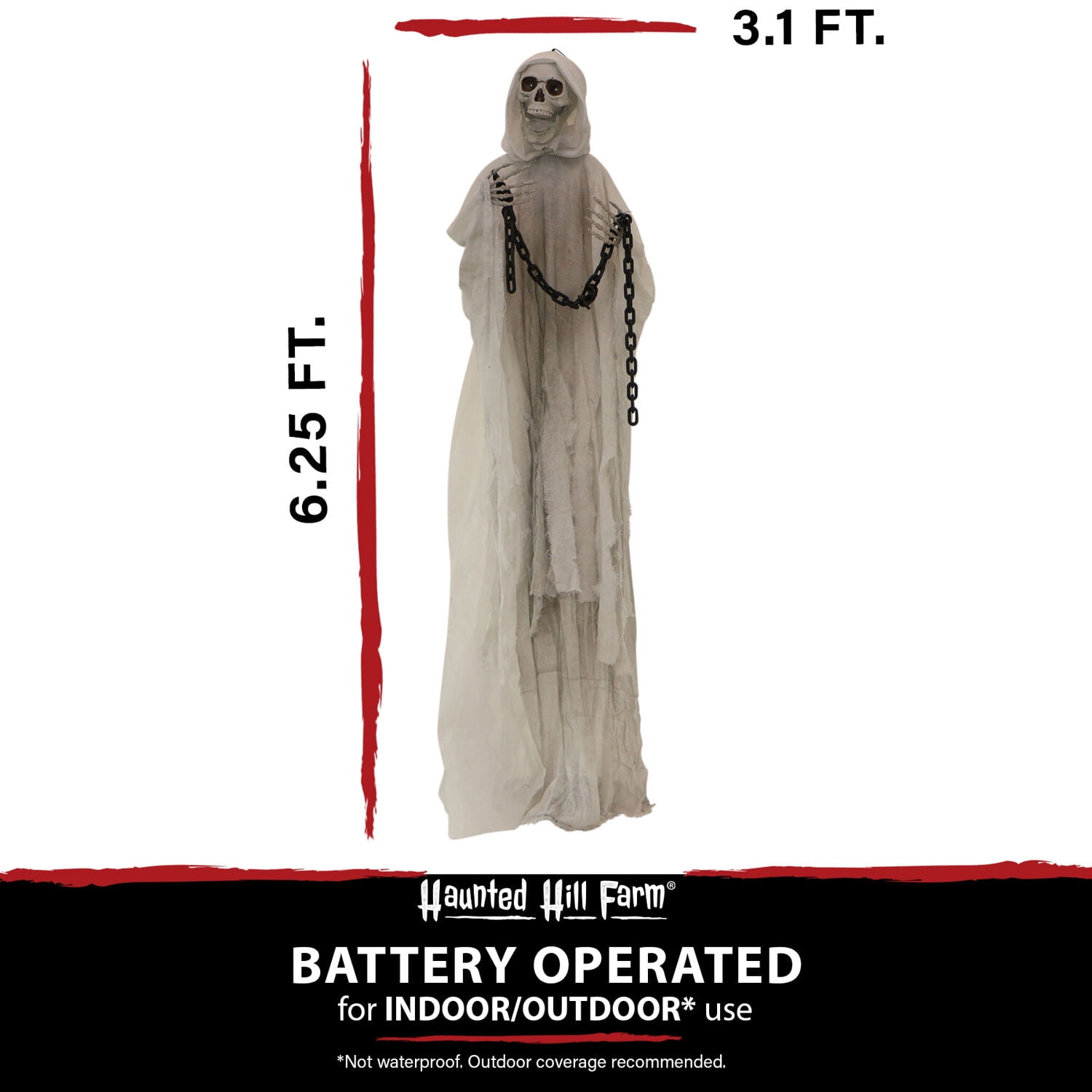 Haunted Hill Farm 6.25 ft Reaper with Chains Dressed in White/Gray Cloak, Indoor/Covered Outdoor Halloween Decoration, HHRPR-10FLSA - Image 5
