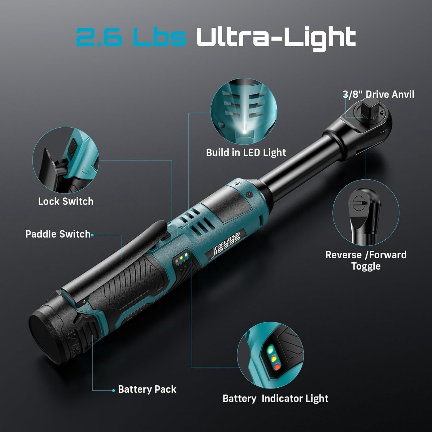 Seesii 3/8" Cordless Ratchet Wrench, 40Ft-lbs (54N.m) 220RPM Light Weight Powered Electric Ratchet, 6" Extended Long Neck with Built-in LED, 2x 2.0Ah Batteries, 7x Sockets(10/11/12/13/14/15/17mm) - Image 2