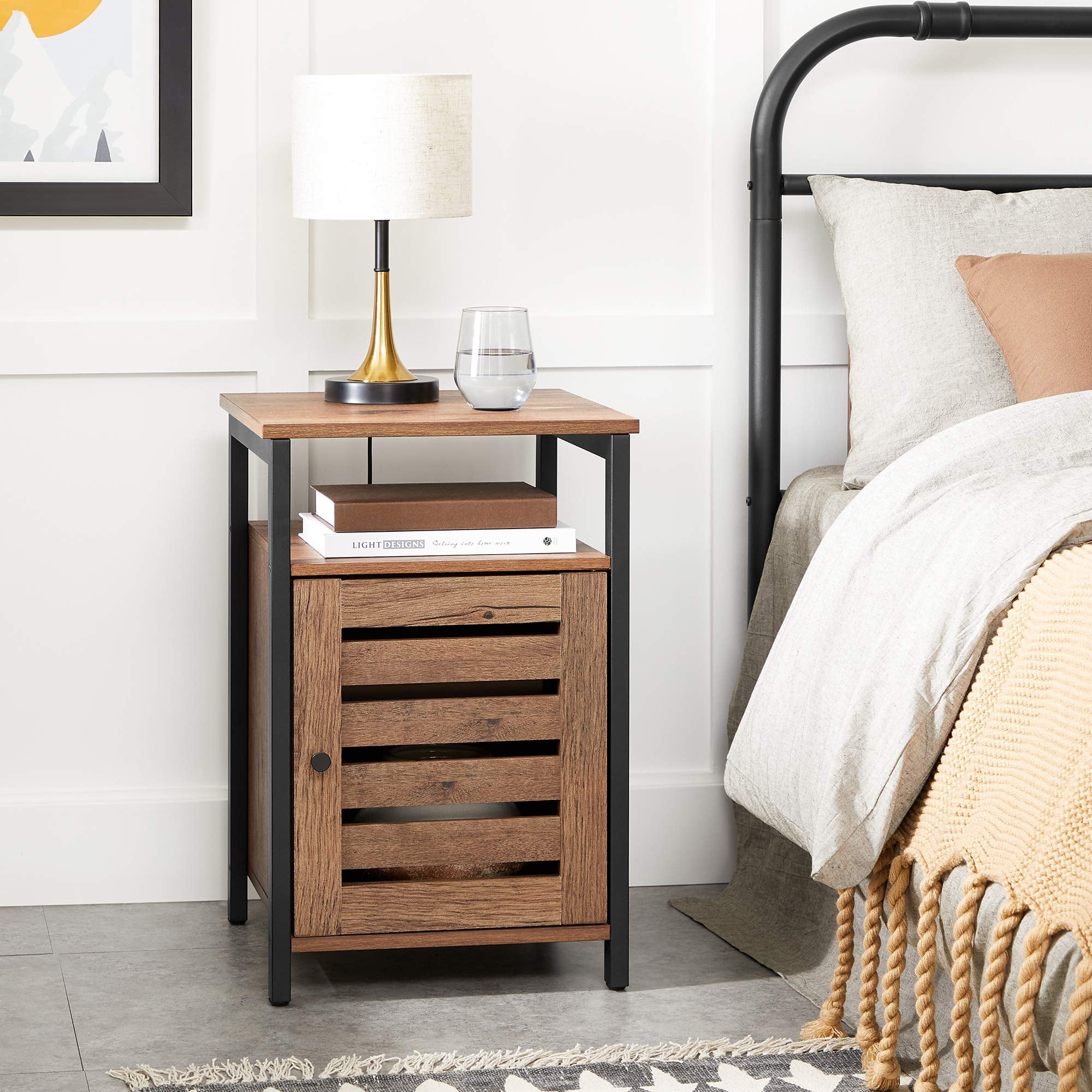 Nightstand - Industrial Style End Table with Adjustable Shelf - Steel Frame - Bedroom Furniture in Hazelnut Brown and Black - 15.7 x 15.7 x 23.6 Inches - Image 5