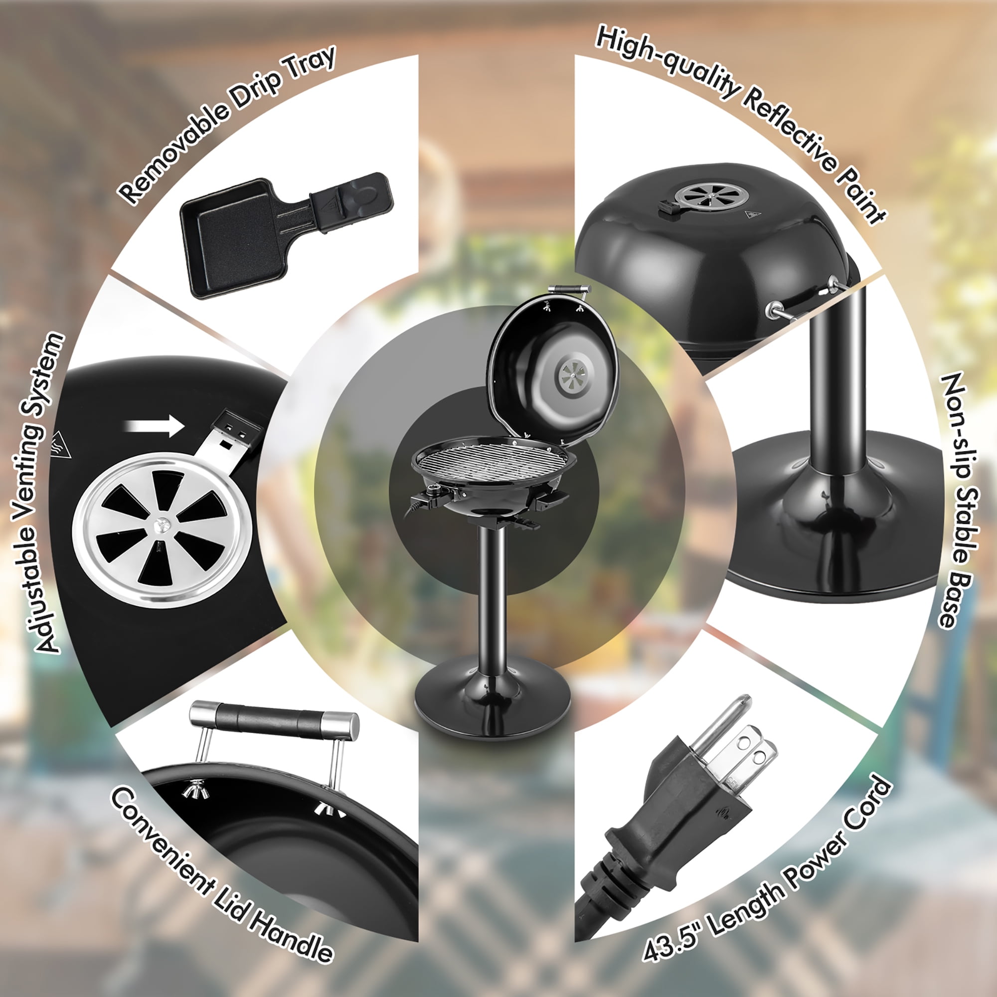 Costway Portable 1600W Electric BBQ Grill withTemperature Control & Grease Collector Black - Image 2